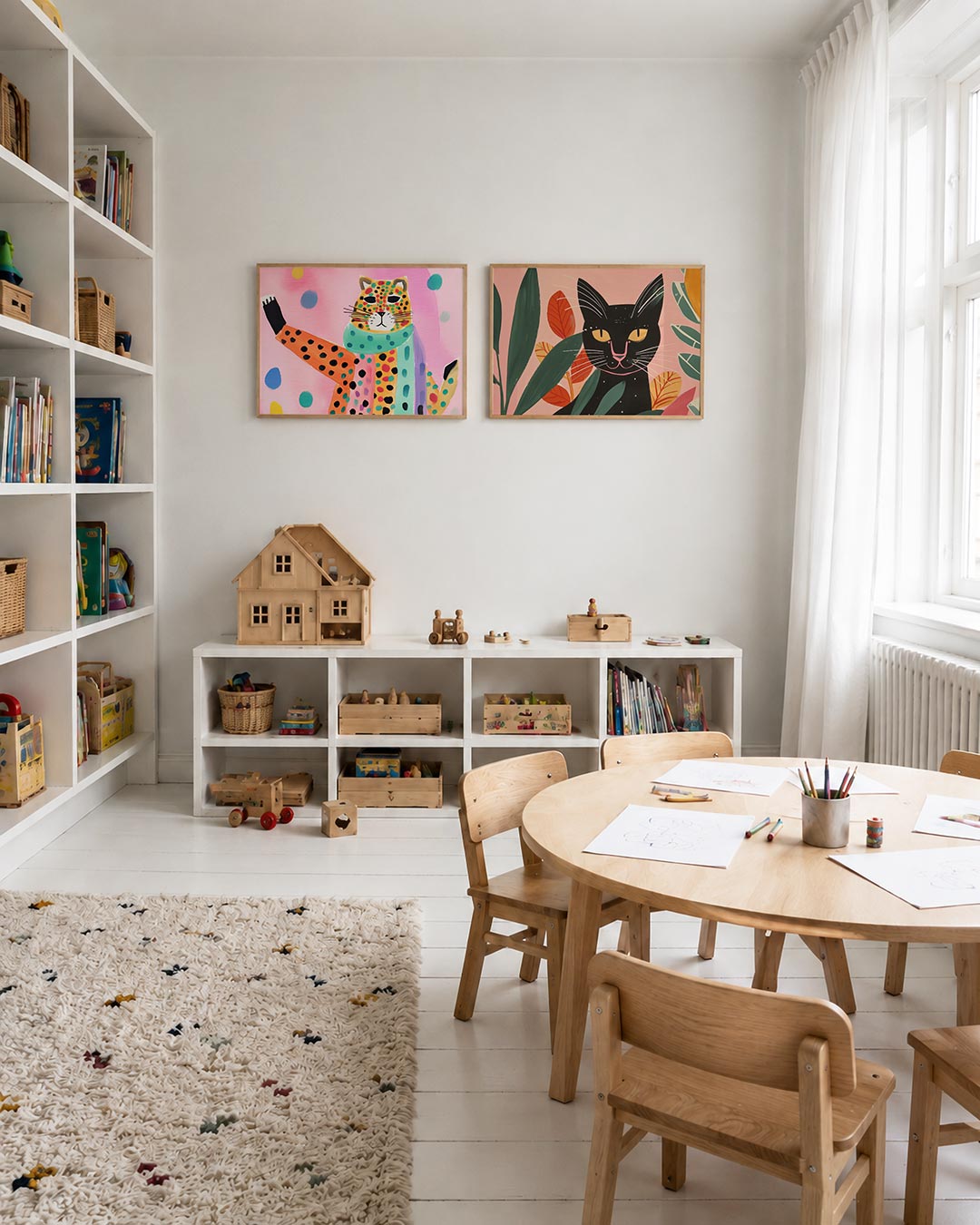 Twee liggende posters met een speelse compositie met een kleurrijke luipaard, aan de muur in een interieur