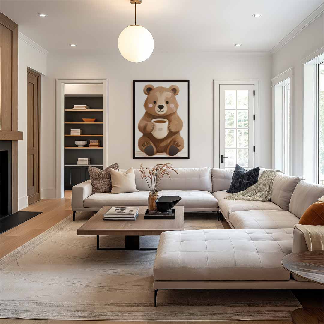 Knuffelbeer met Kopje Koffie Kunstwerk-canvas-dibond-plexiglas-wanddecoratie-WallArtistic