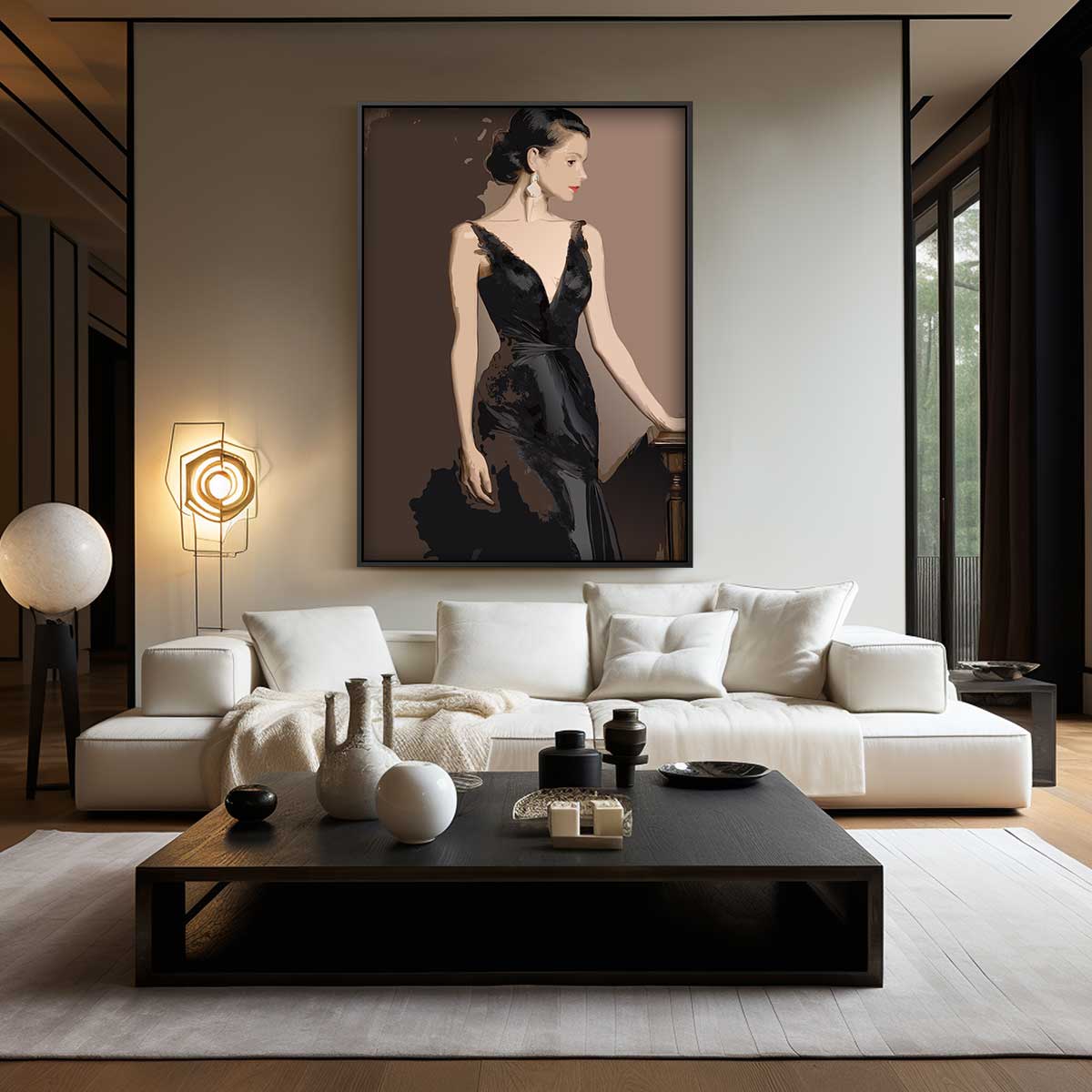 Elegante Dame in Zwarte Jurk Kunstwerk-canvas-dibond-plexiglas-wanddecoratie-WallArtistic