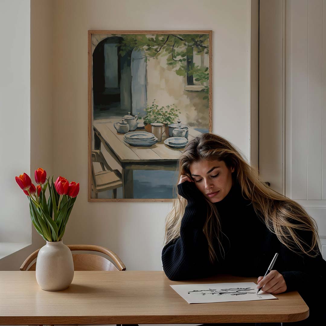 Zonnige Patio Tafelscène Poster-WallArtistic