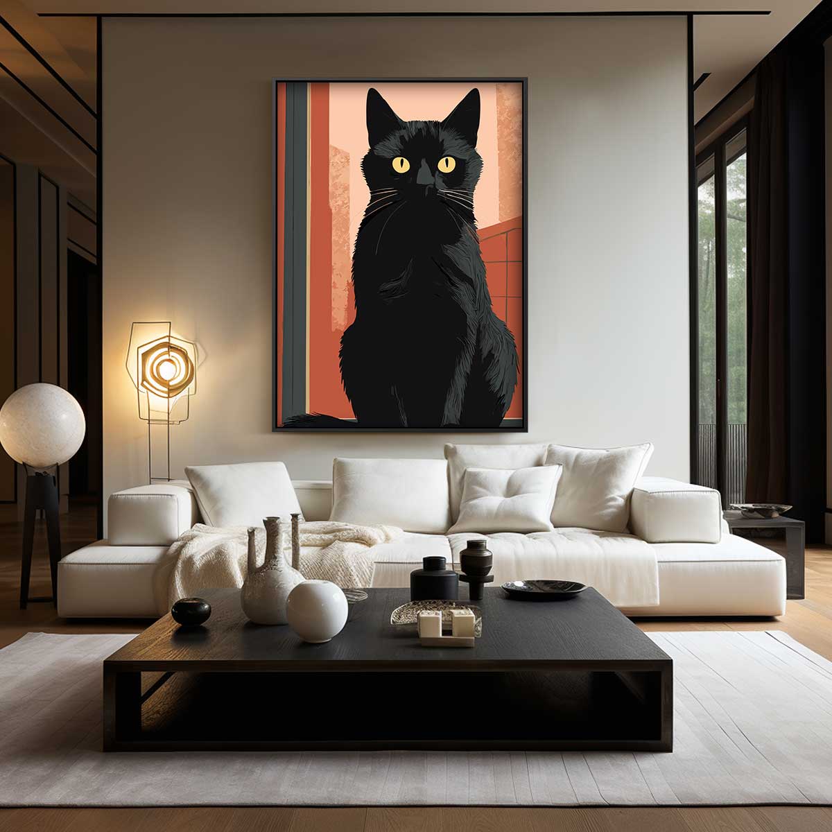 Zwarte Kat op Avondsafari Kunstwerk-canvas-dibond-plexiglas-wanddecoratie-WallArtistic