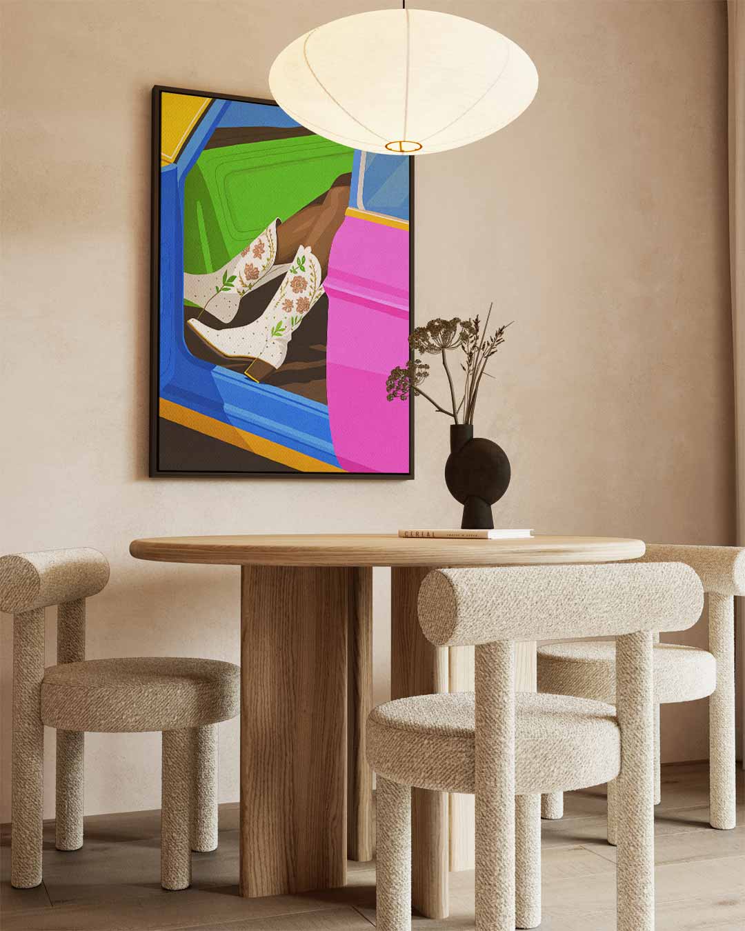 Kleurrijke Cowboylaarzen in Stijlvolle Auto Kunstwerk-canvas-dibond-plexiglas-wanddecoratie-WallArtistic