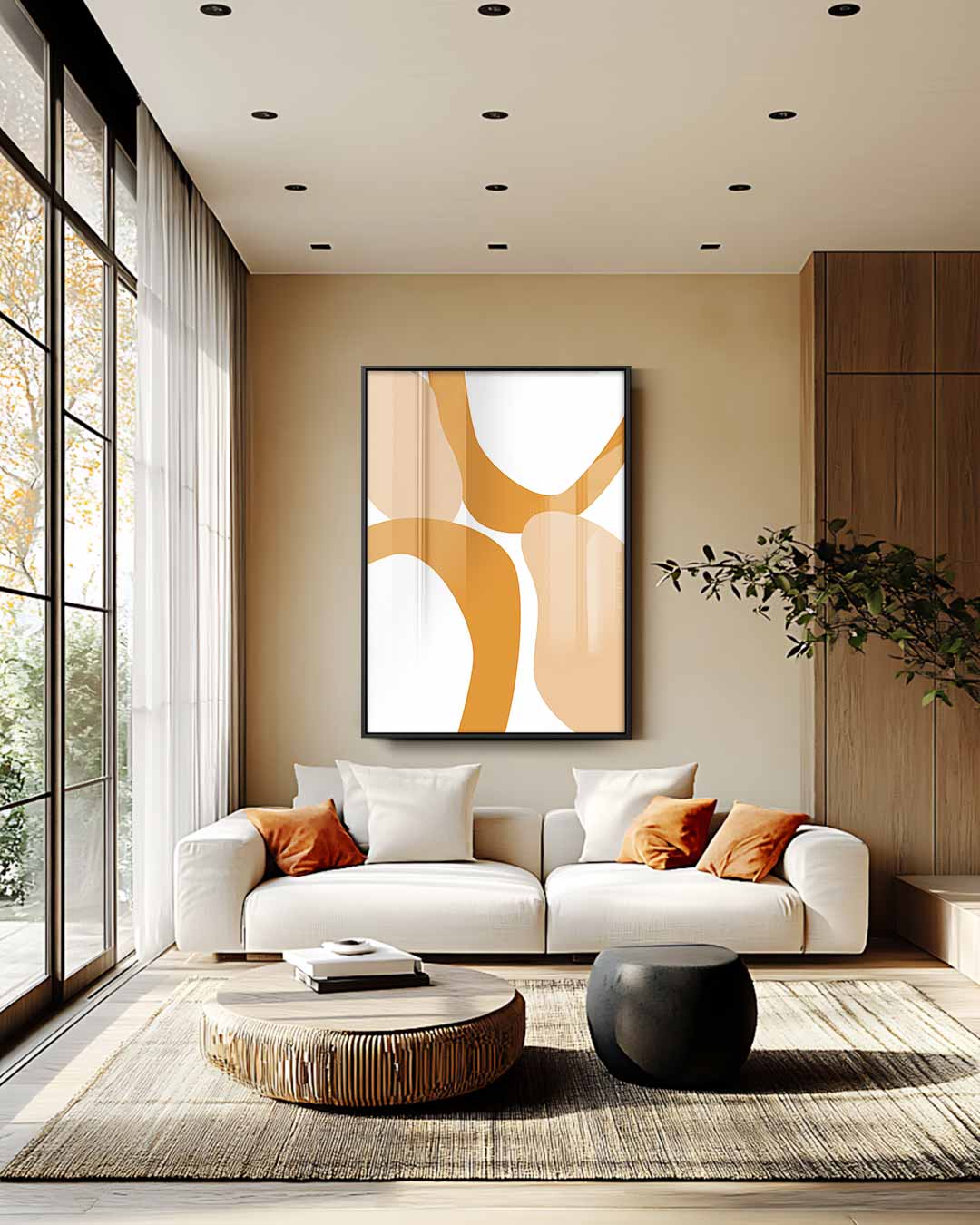 Abstracte Flow in Beige en Oranje Kunstwerk-canvas-dibond-plexiglas-wanddecoratie-WallArtistic