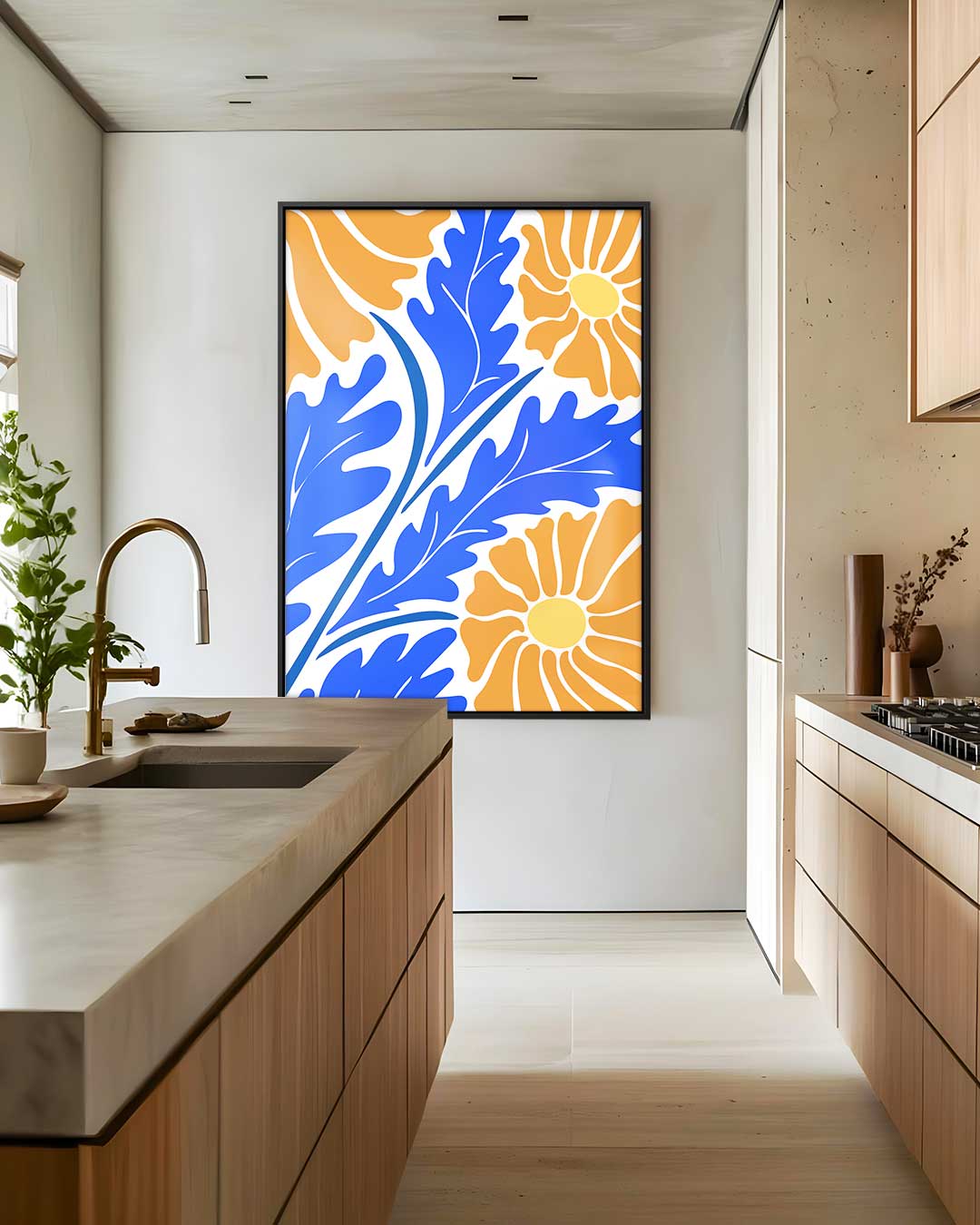 Bloeiend Blauw Oranjetapijt Kunstwerk-canvas-dibond-plexiglas-wanddecoratie-WallArtistic