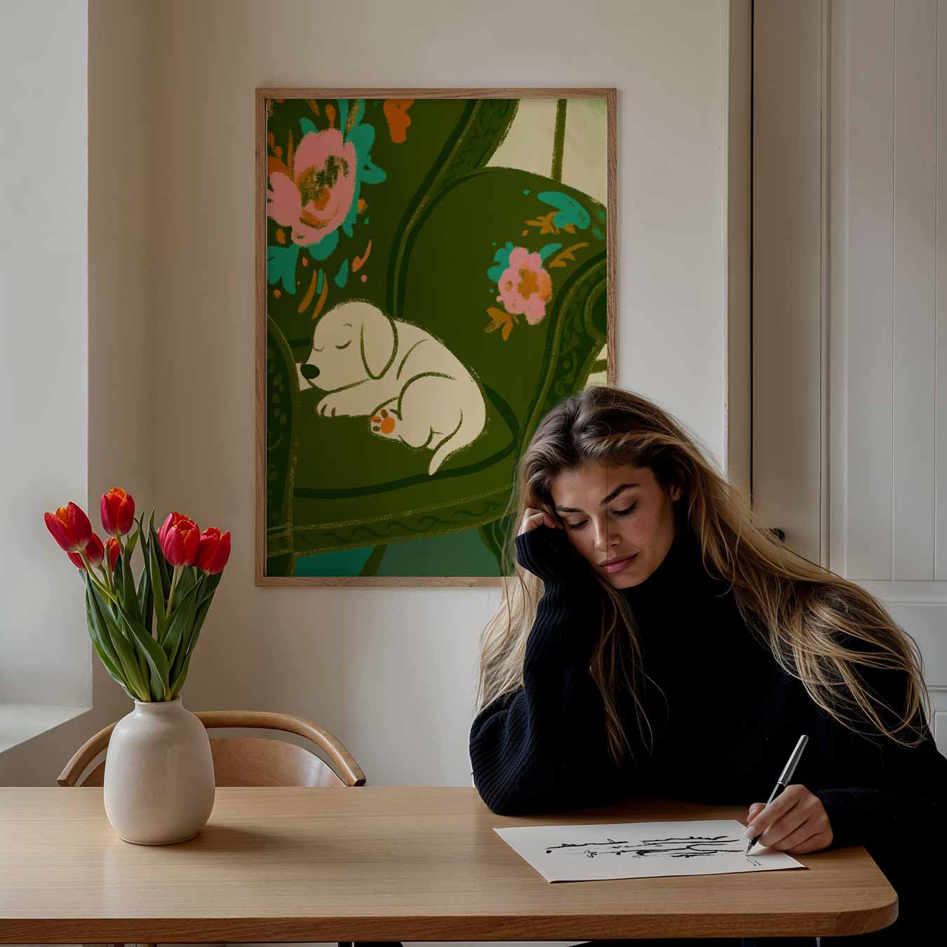 Slapende Puppy op Bloemenstoel Poster