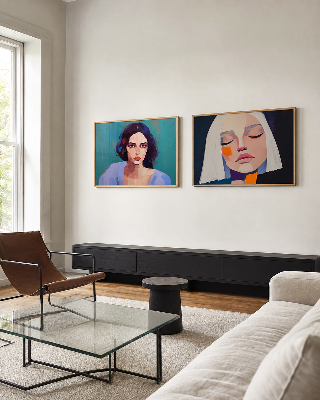 Tweedelige posterset met een vrouwelijk portret met levendige kleurvlakken, getoond in een interieur
