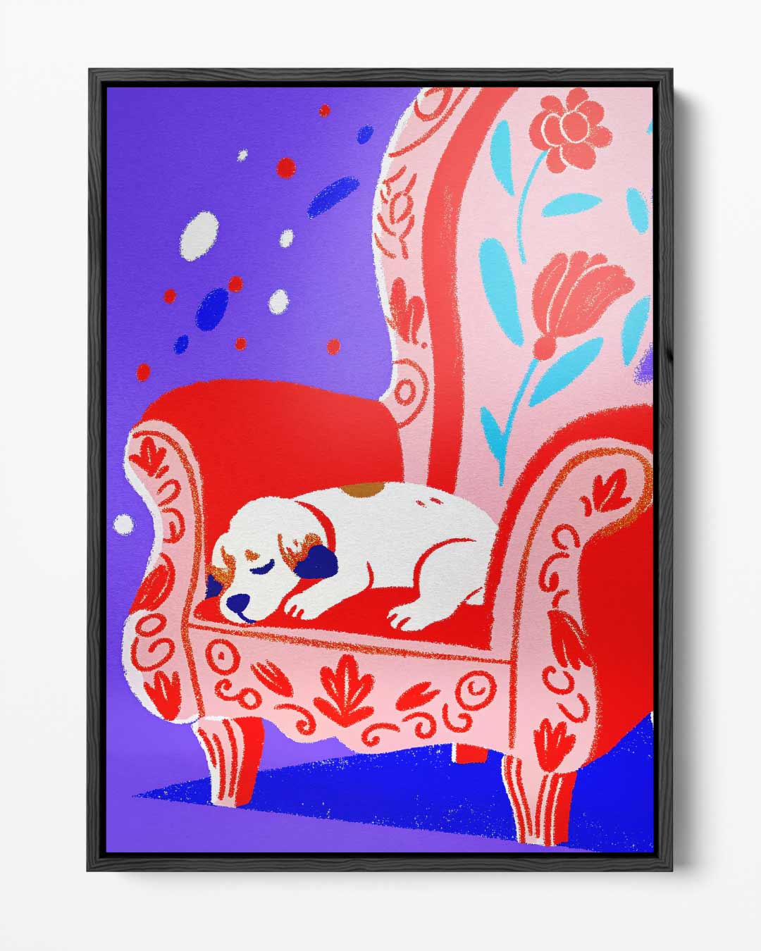 Slapende Hond op Rood Stoel Kunstwerk-canvas-dibond-plexiglas-wanddecoratie-WallArtistic