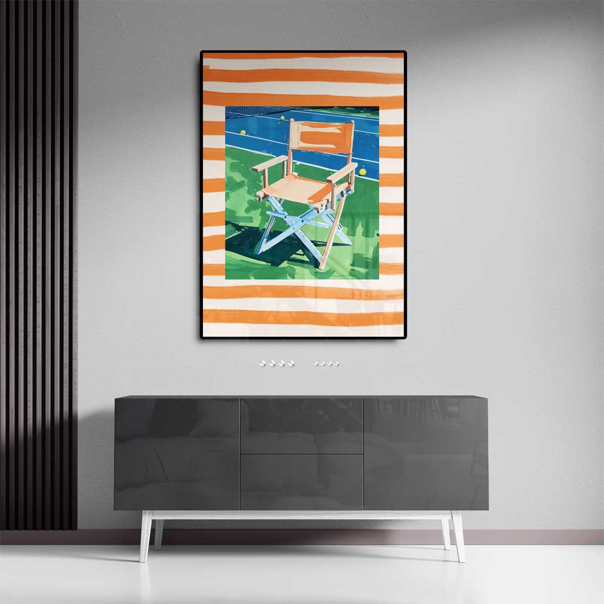 Zomerse Stoel op de Tennisbaan Kunstwerk-canvas-dibond-plexiglas-wanddecoratie-WallArtistic
