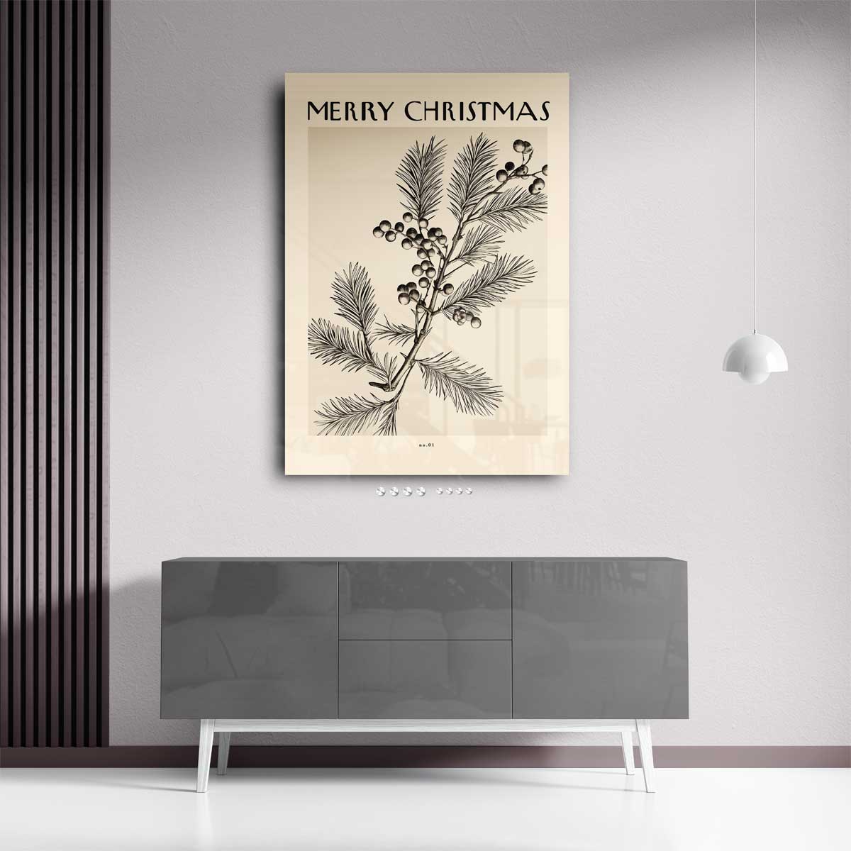Vintage Kerstkaart met Dennen en Bessen Kunstwerk-canvas-dibond-plexiglas-wanddecoratie-WallArtistic