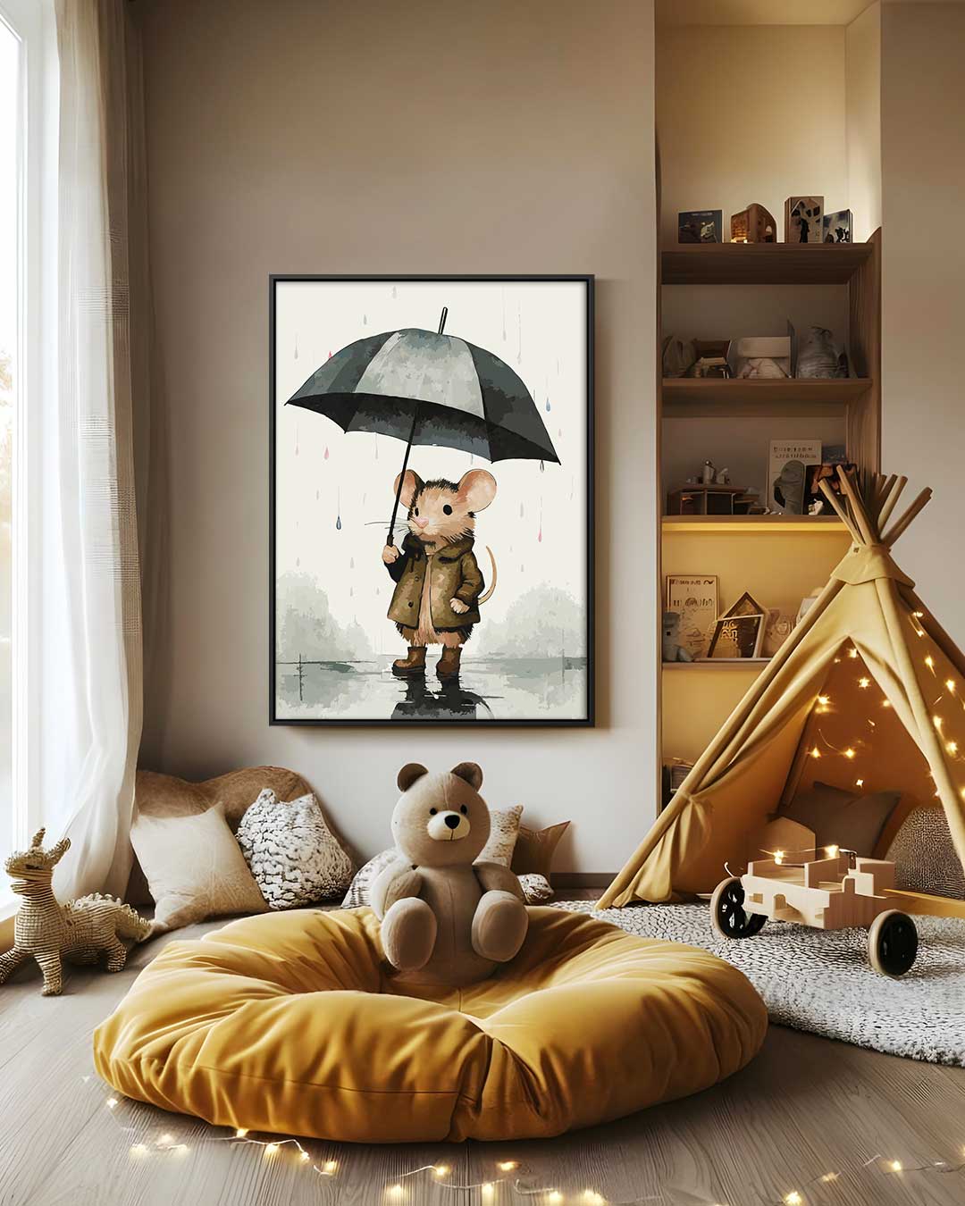 Regenachtige Avonturen van een Muizenvriend Kunstwerk-canvas-dibond-plexiglas-wanddecoratie-WallArtistic