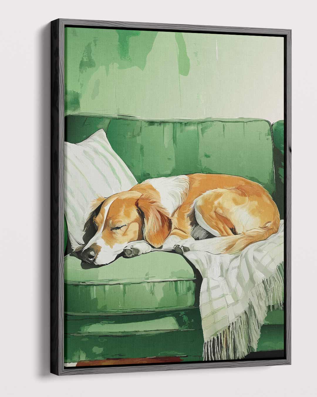 Slapende Hond op Groene Bank Kunstwerk-canvas-dibond-plexiglas-wanddecoratie-WallArtistic