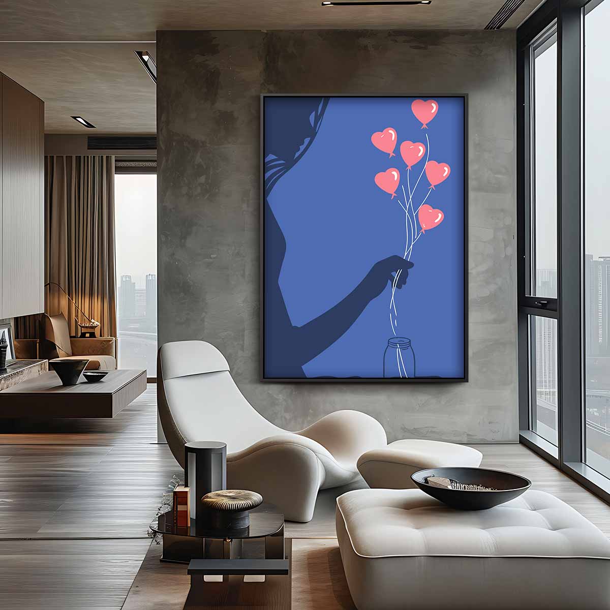 Liefdesballonnen Silhouet Kunstwerk-canvas-dibond-plexiglas-wanddecoratie-WallArtistic