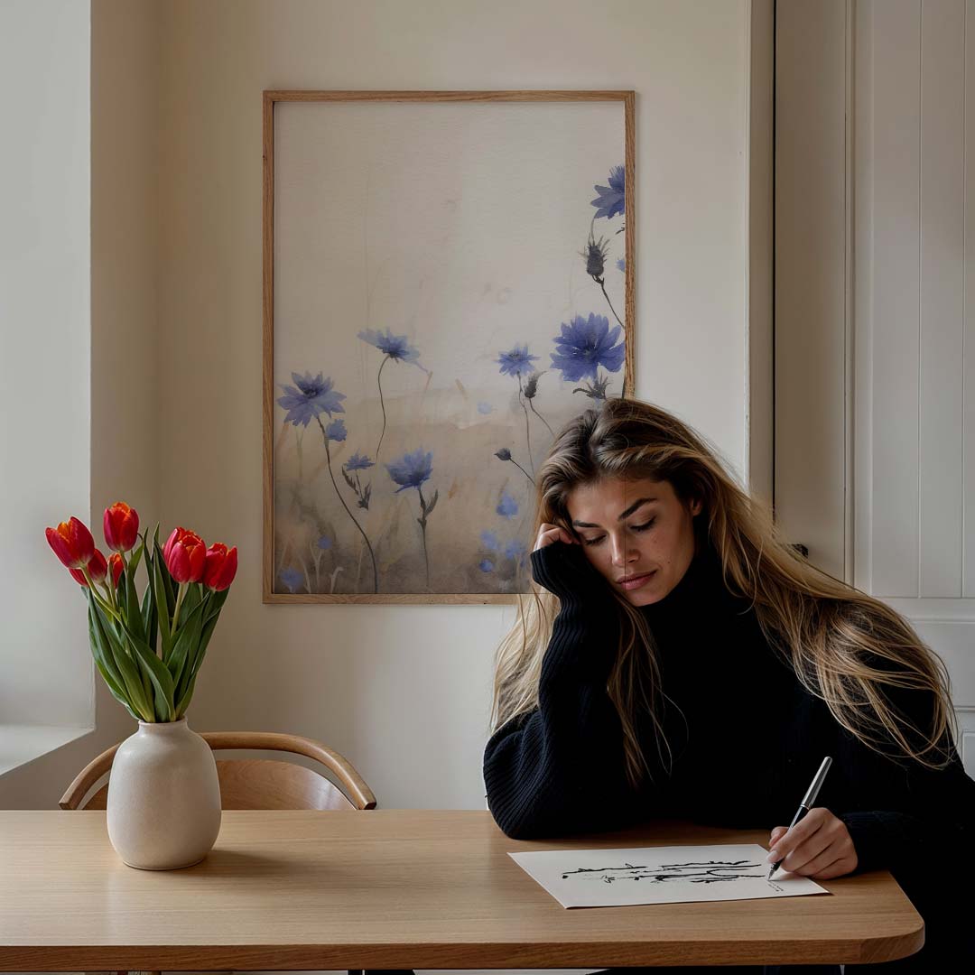 Dromerige Blauwe Bloemen Waterverf Poster-WallArtistic