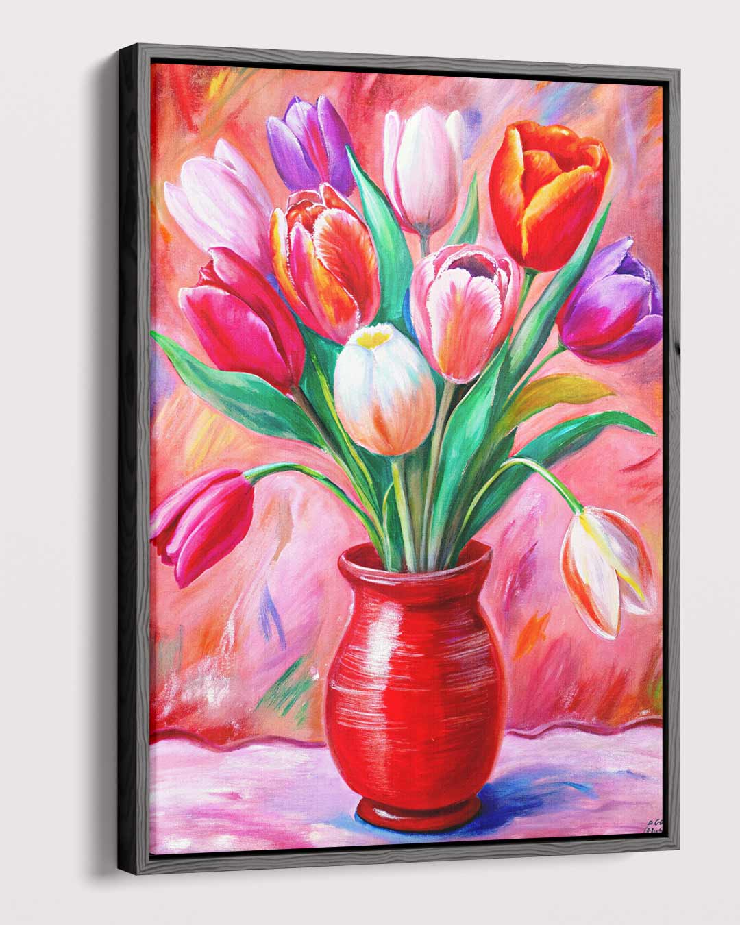 Kleurrijke Tulpen in Rode Vaas Kunstwerk-canvas-dibond-plexiglas-wanddecoratie-WallArtistic