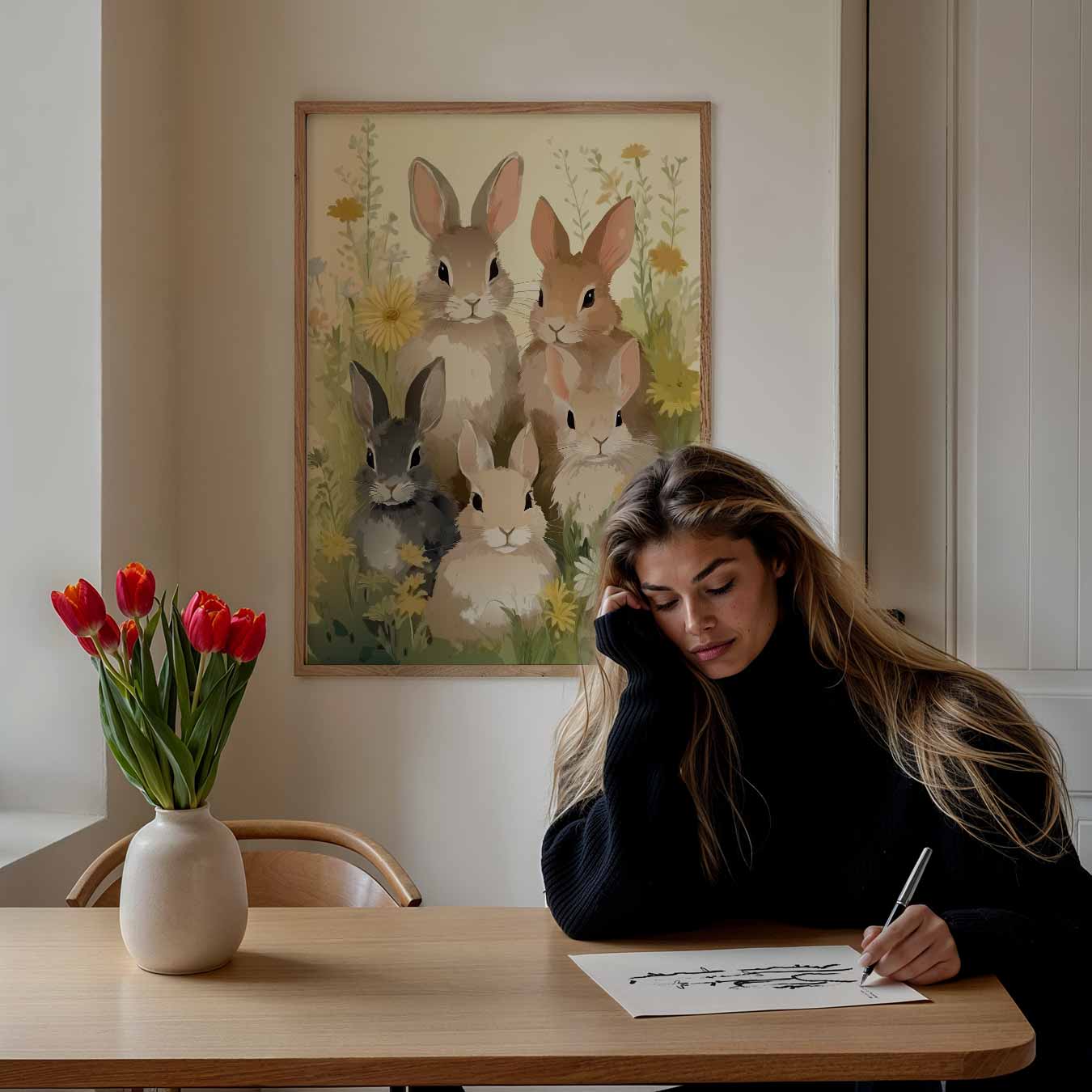Vrolijke Konijntjes in Bloementuin Poster