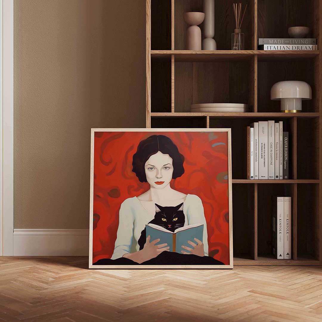Vrouw met kat en boek Poster