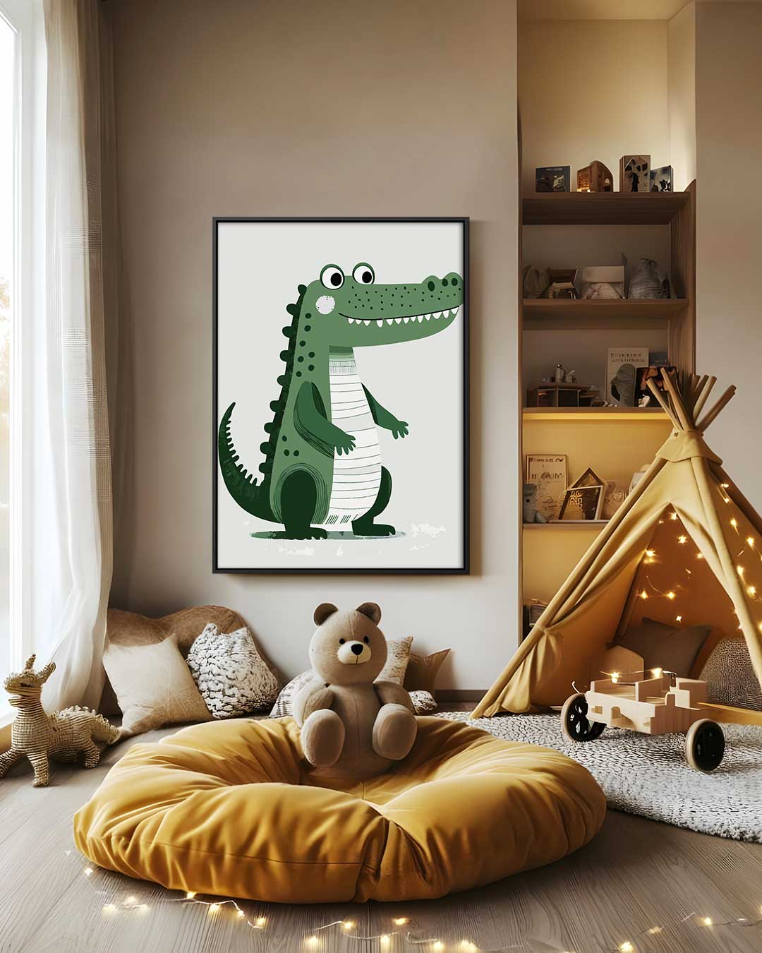 Vrolijke Krokodil Illustratie Kunstwerk-canvas-dibond-plexiglas-wanddecoratie-WallArtistic