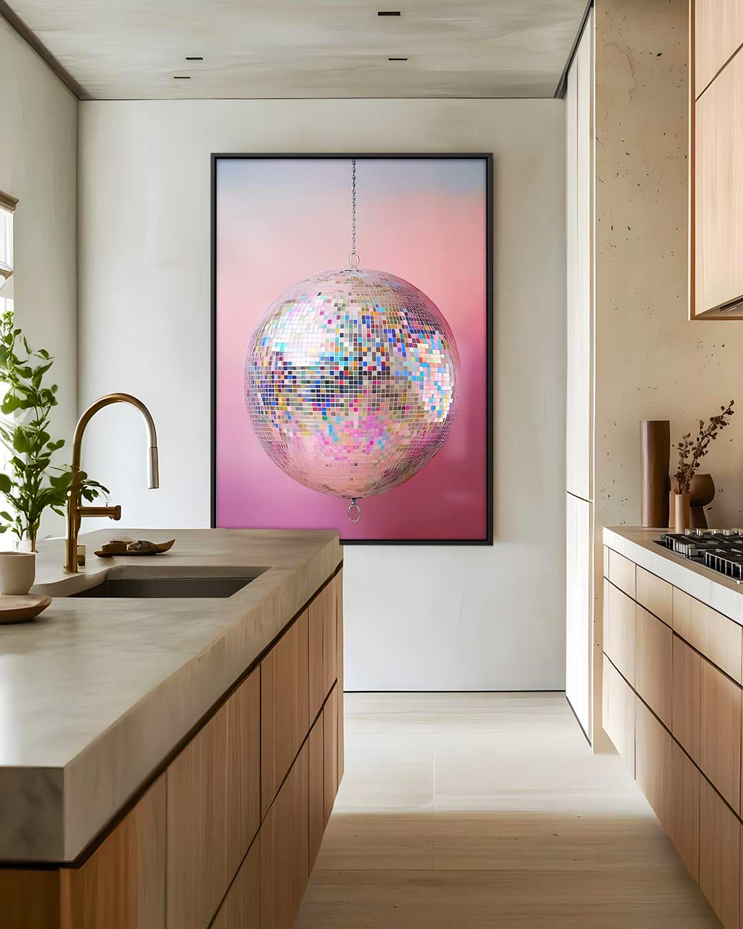 Kleurrijke Discobal op Roze Achtergrond Kunstwerk-canvas-dibond-plexiglas-wanddecoratie-WallArtistic