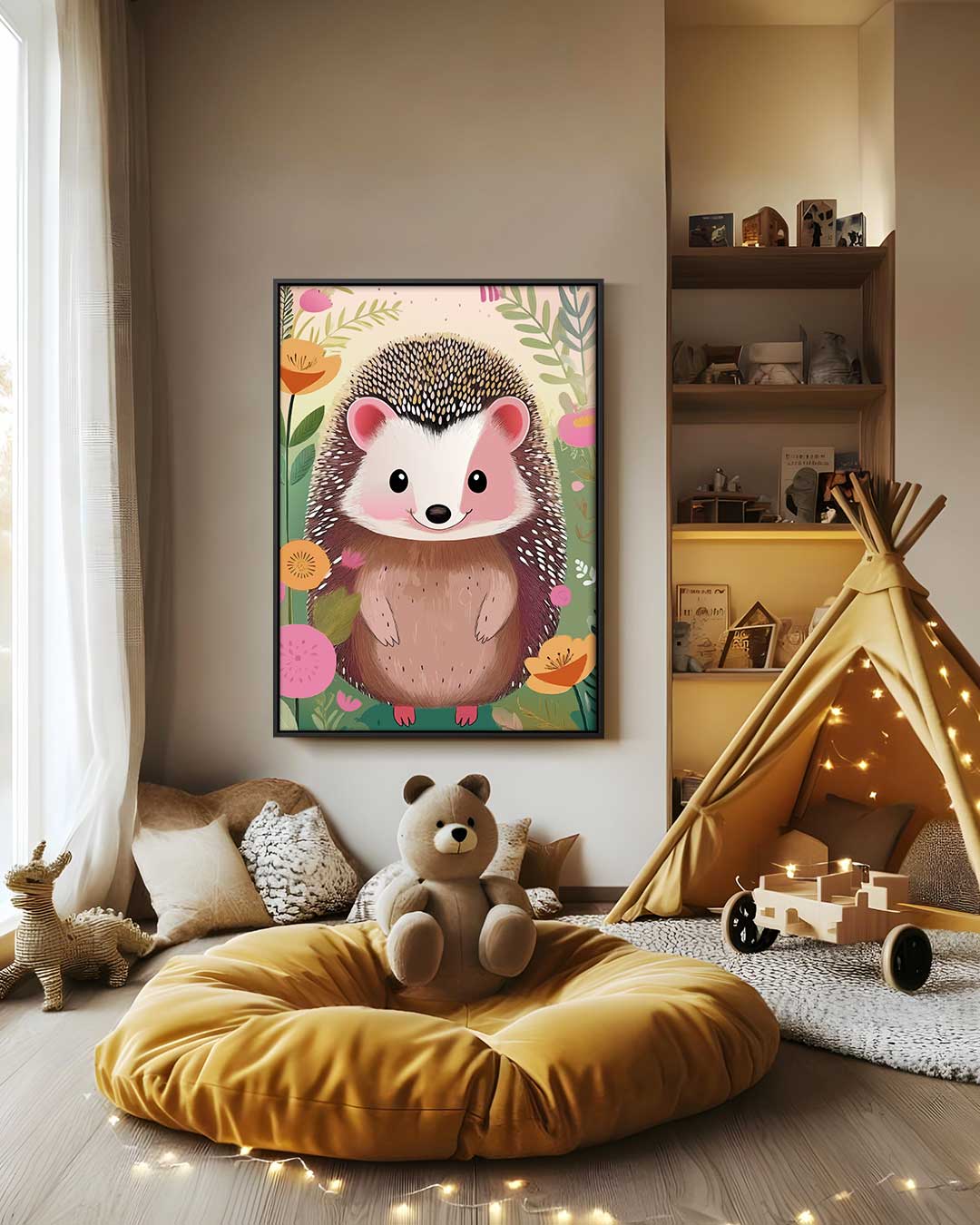 Schattige Egel in Bloementuin Kunstwerk-canvas-dibond-plexiglas-wanddecoratie-WallArtistic