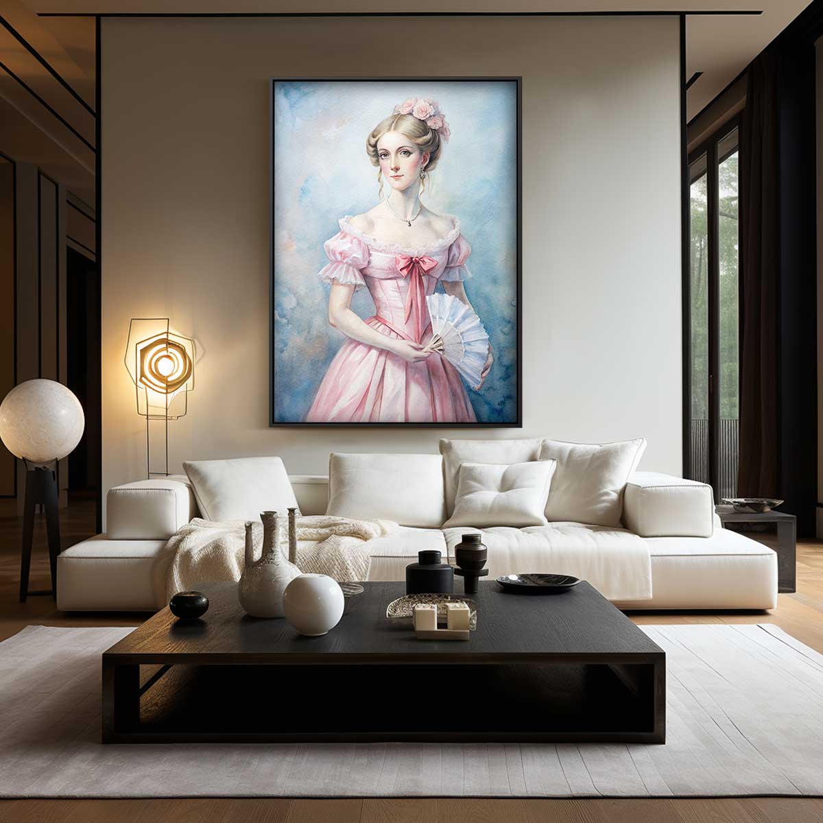 Dame in Roze Jurk Kunstwerk-canvas-dibond-plexiglas-wanddecoratie-WallArtistic