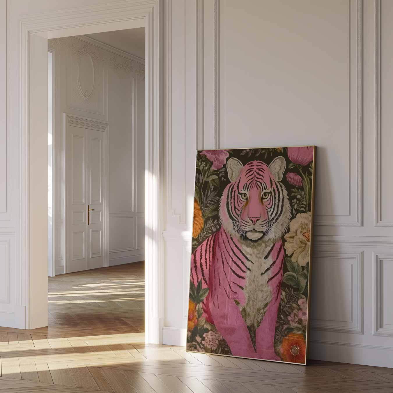 Roze Tijger en Bloemen Poster