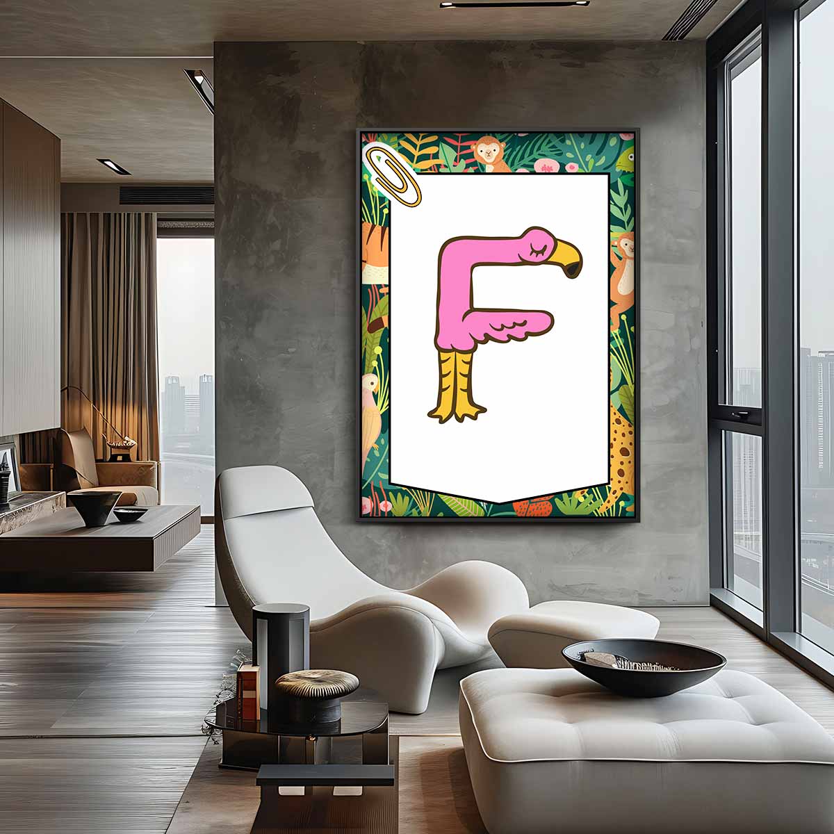 Flamingo Letter F Poster Kunstwerk-canvas-dibond-plexiglas-wanddecoratie-WallArtistic