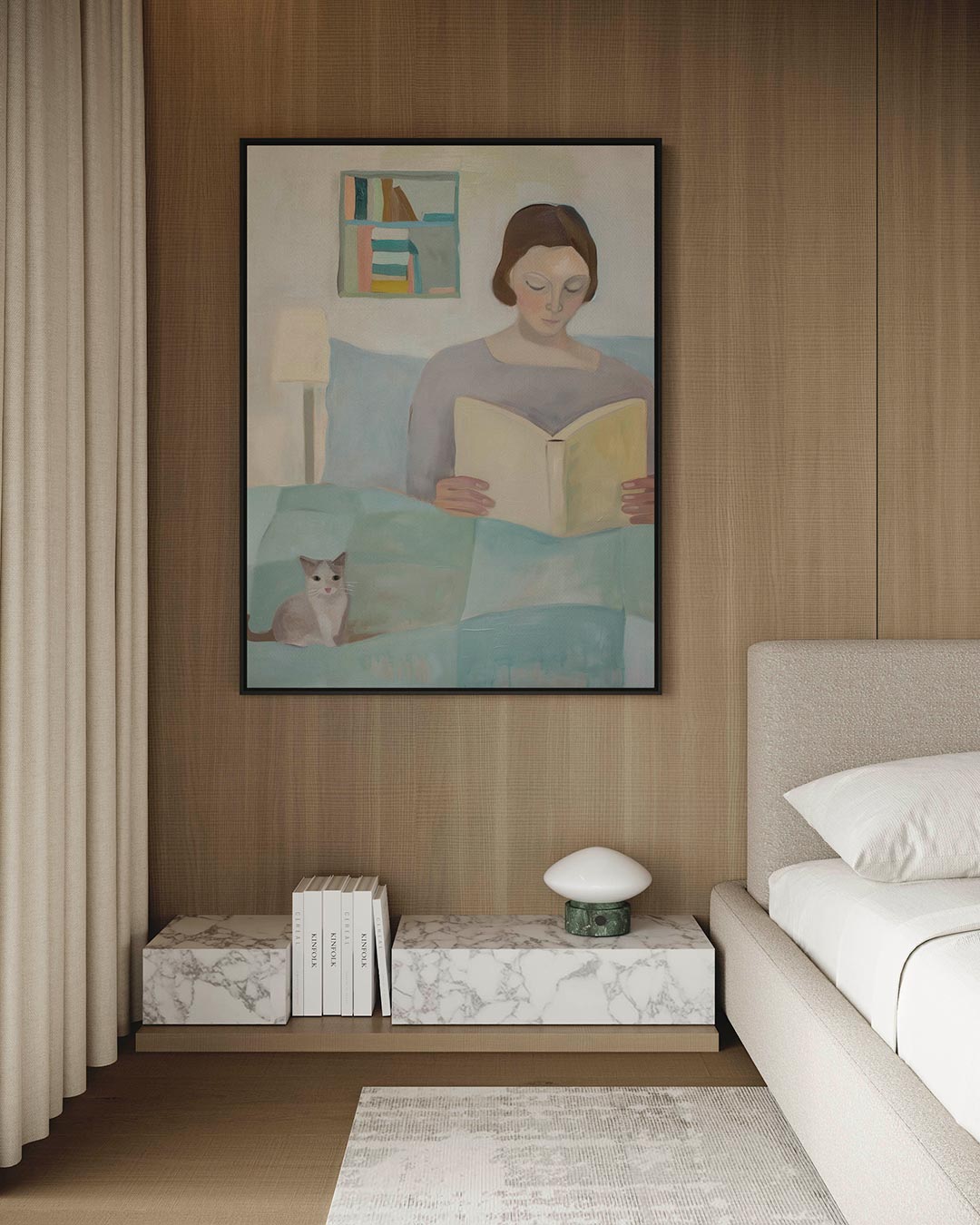 Lezende vrouw met kat Kunstwerk
