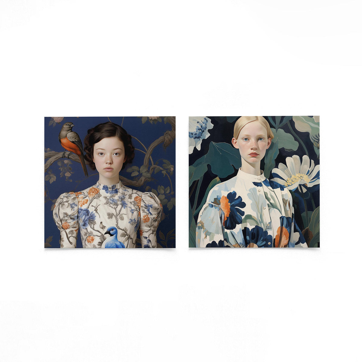 Twee vierkante posters met vrouwenportretten met bloemen op een gebroken witte achtergrond