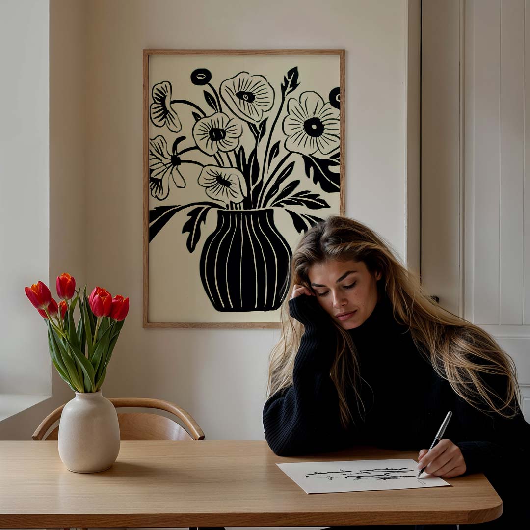 Stijlvolle Bloemen Poster in Zwart-Wit Poster-WallArtistic