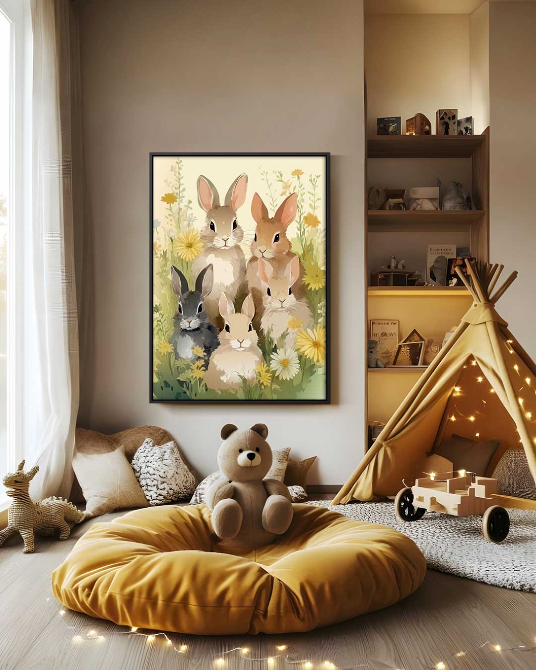 Vrolijke Konijntjes in Bloemenweide Kunstwerk-canvas-dibond-plexiglas-wanddecoratie-WallArtistic