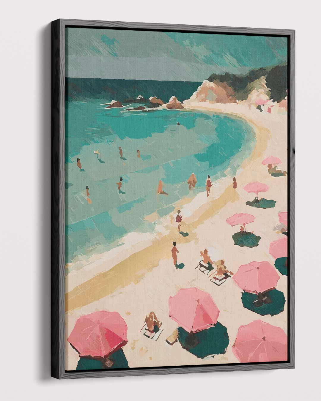 Stranddag met Roze Paraplu's Kunstwerk-canvas-dibond-plexiglas-wanddecoratie-WallArtistic