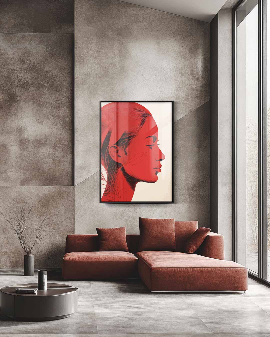 Vrouwelijk Silhouet in Rood Kunstwerk-canvas-dibond-plexiglas-wanddecoratie-WallArtistic