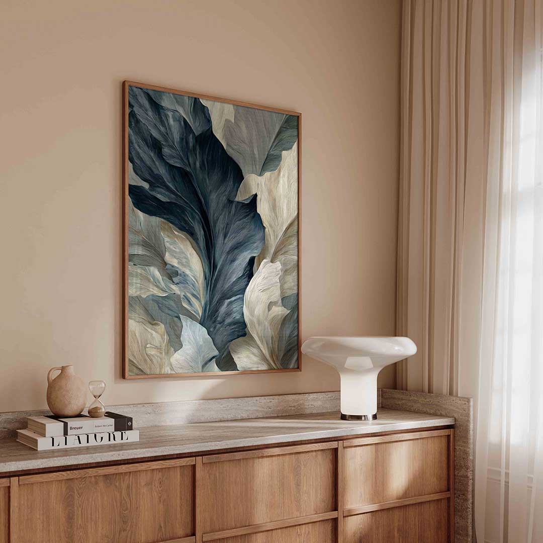 Bladeren in blauw en beige Poster