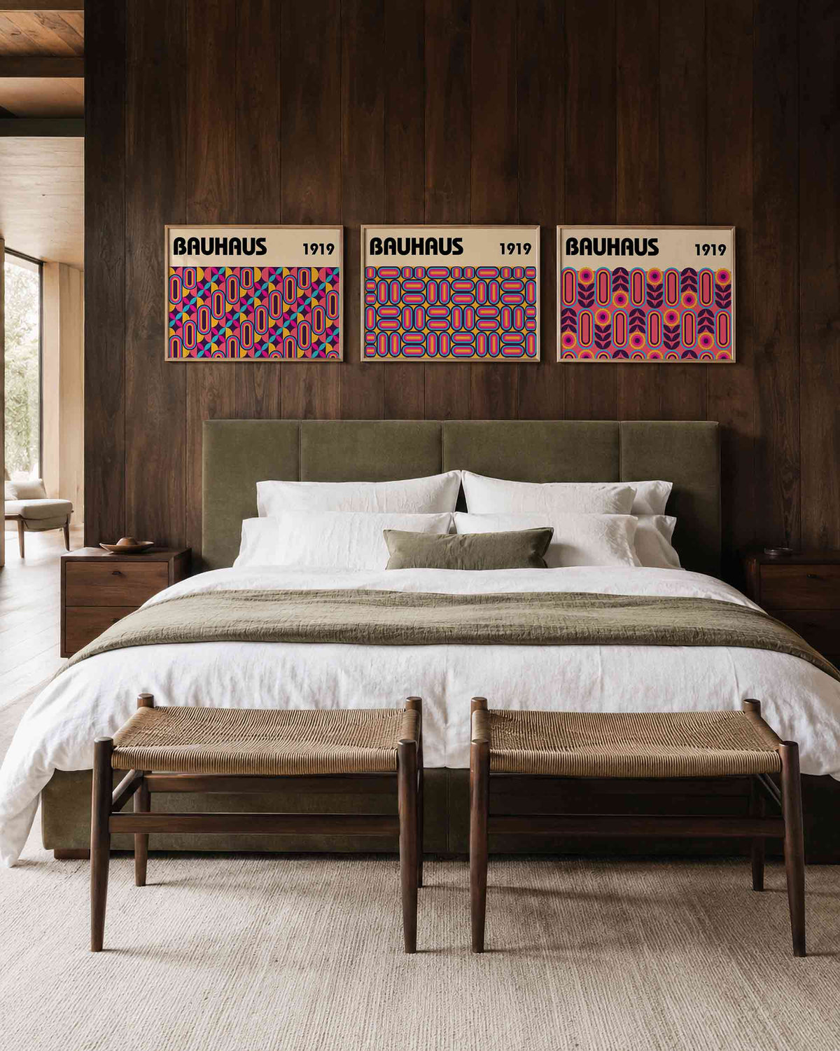 Interieurmockup van drieluik landscape-posterset met kleurrijke ritmes en bogen