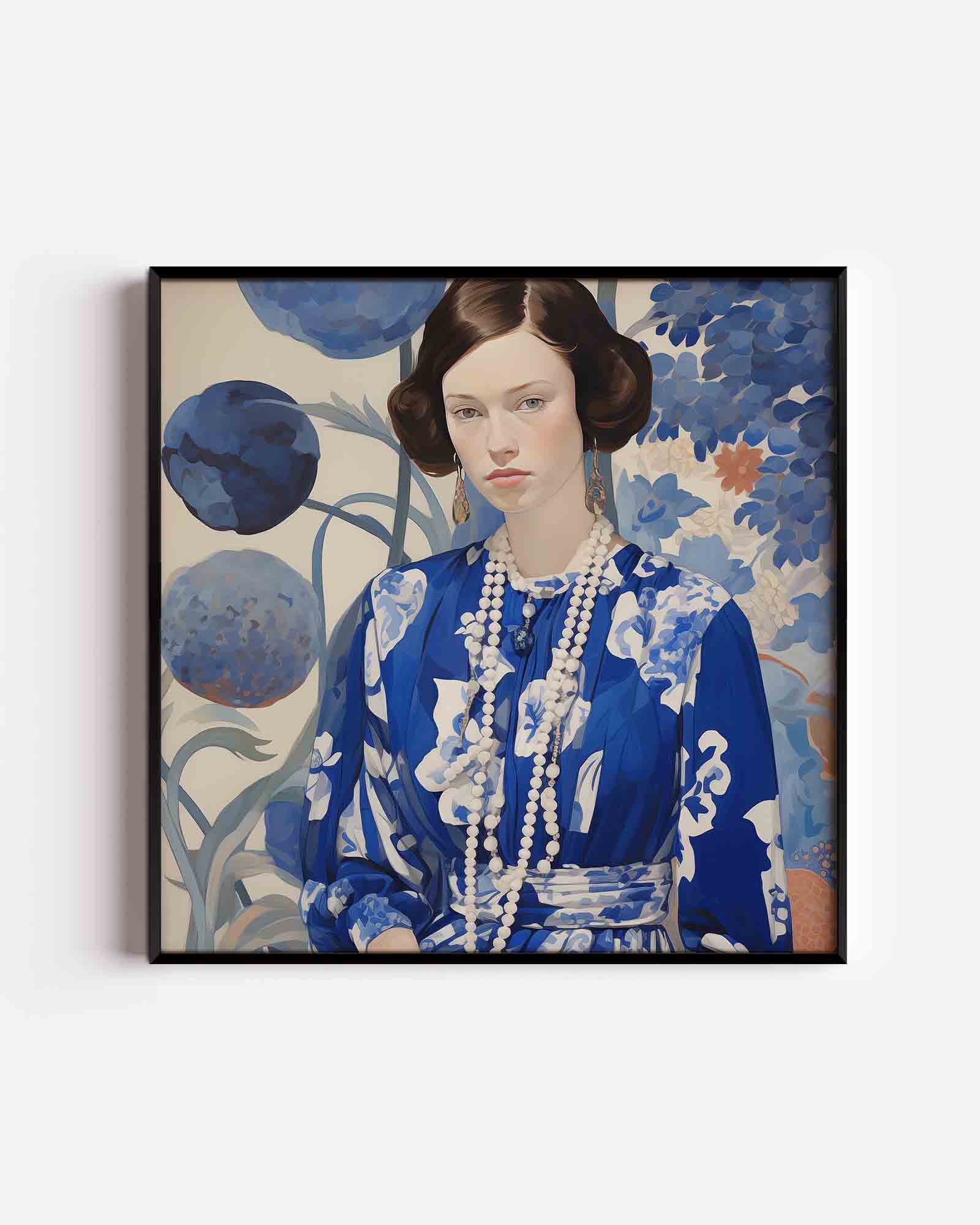 Vrouw in blauwe jurk Poster