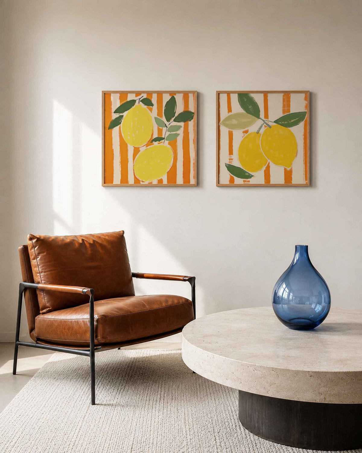 Interieurpresentatie van een tweedelige vierkante posterset met citroenen en bladeren