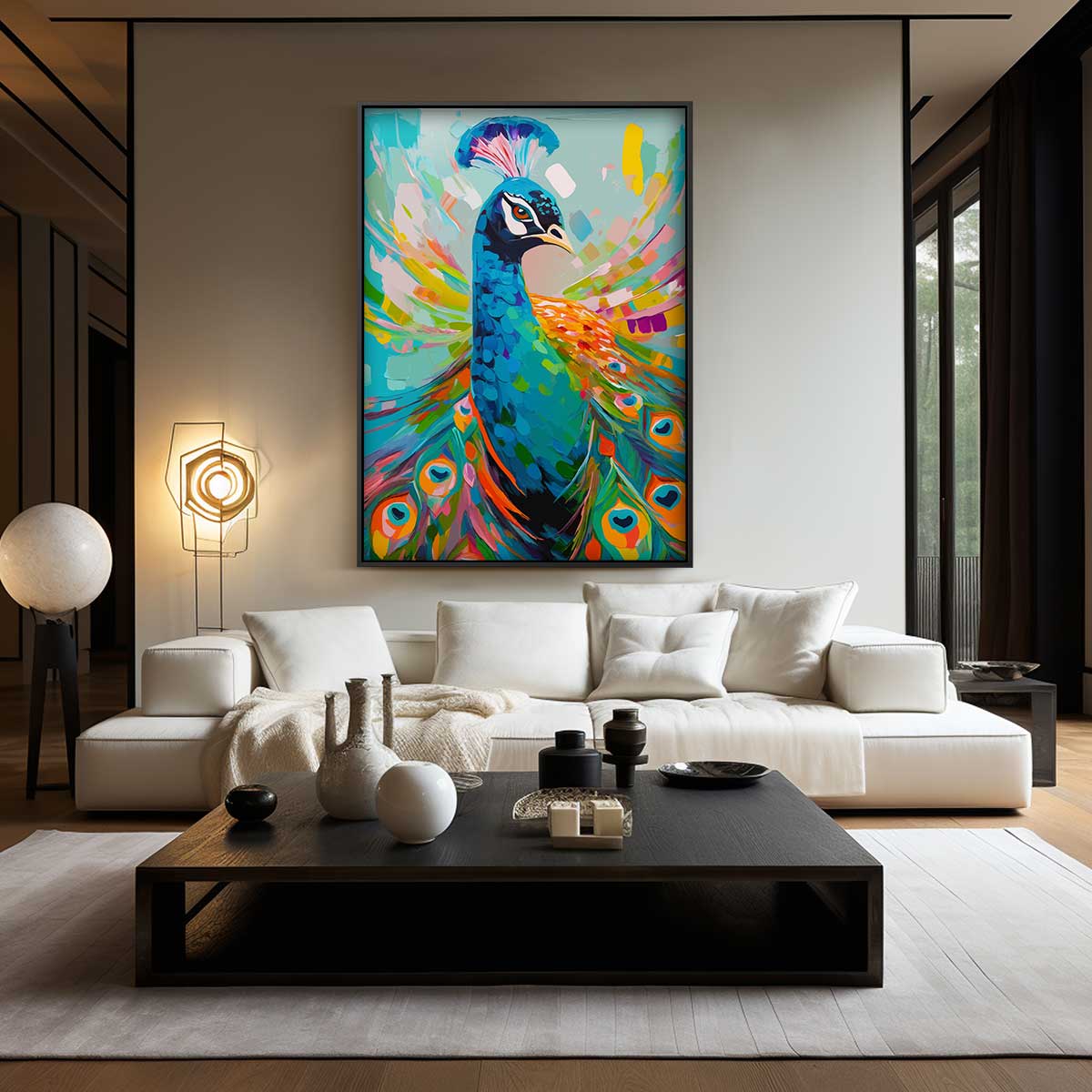 Kleurrijke Pauwportret Kunstwerk-canvas-dibond-plexiglas-wanddecoratie-WallArtistic