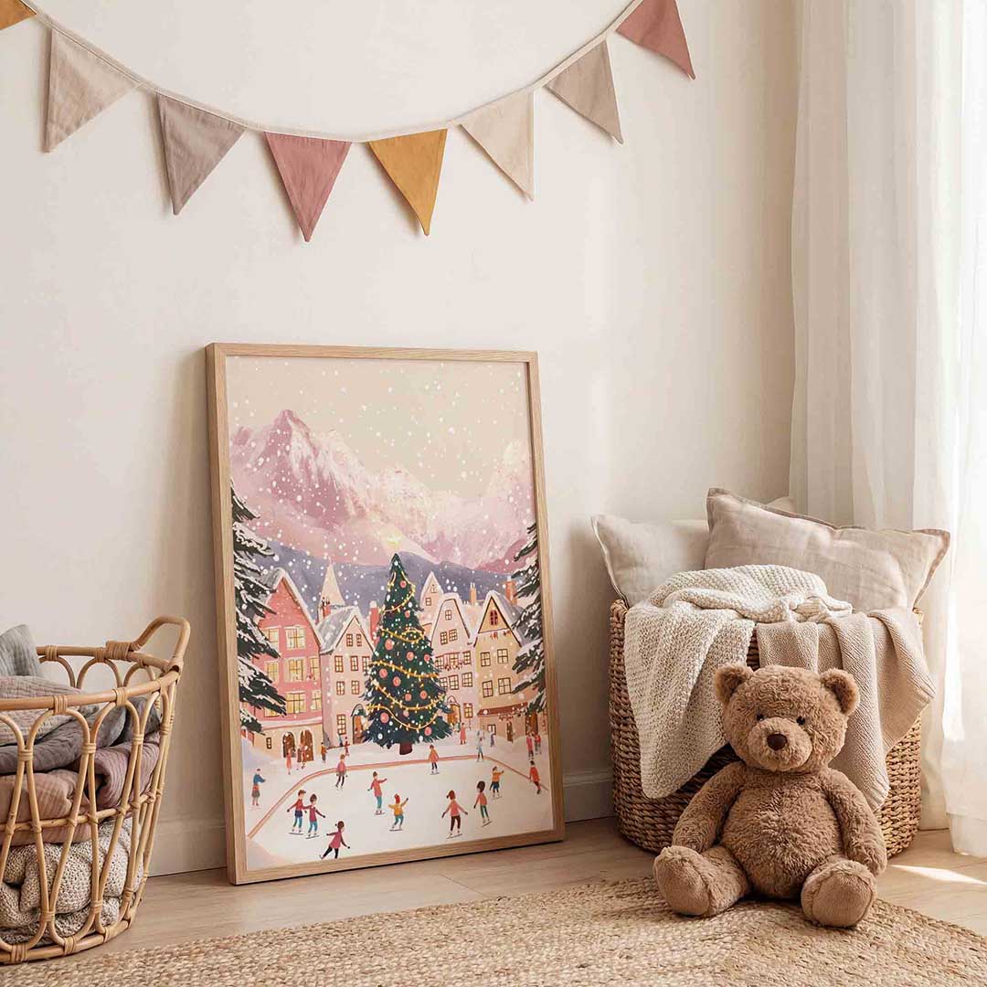 Schaatsende kinderen en kerstboom Poster