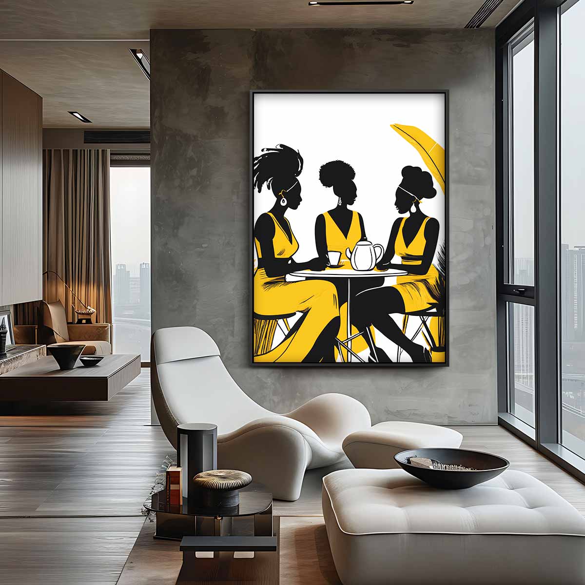 Koffietijd Vrouwen Silhouet Kunstwerk-canvas-dibond-plexiglas-wanddecoratie-WallArtistic