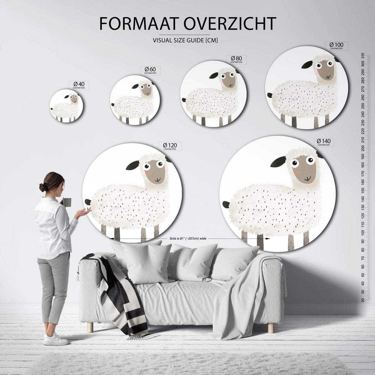 Schattig schaap Muurcirkel – extra productweergave – Een vriendelijk schaap met een wollige vacht in zachte tinten wit en