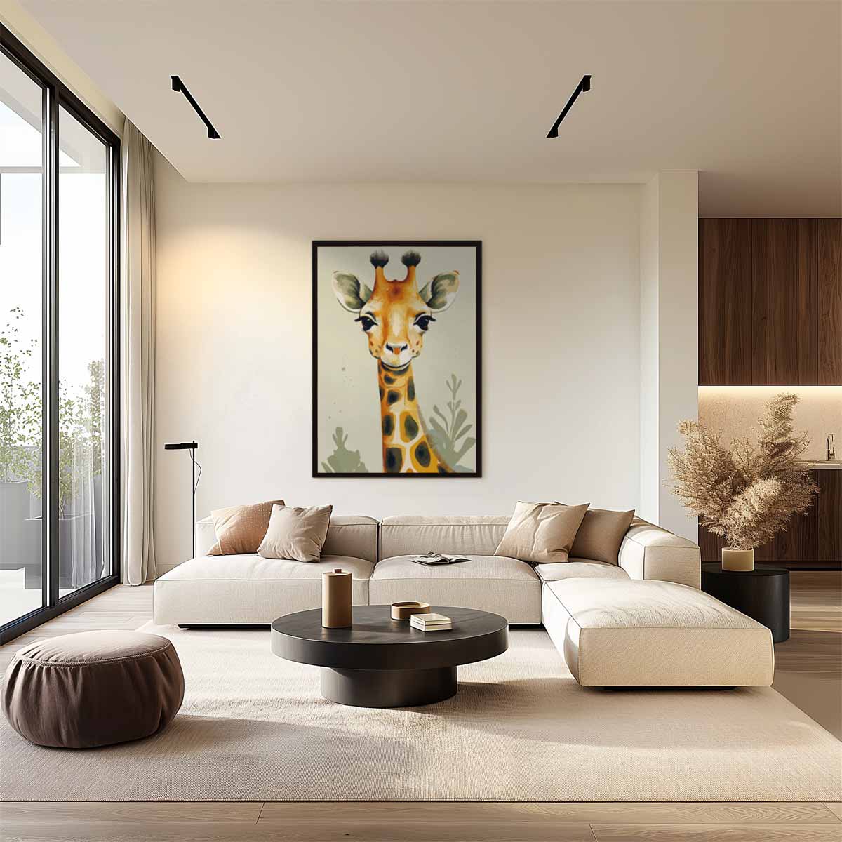 Vrolijke Giraffe Portret Kunstwerk-canvas-dibond-plexiglas-wanddecoratie-WallArtistic