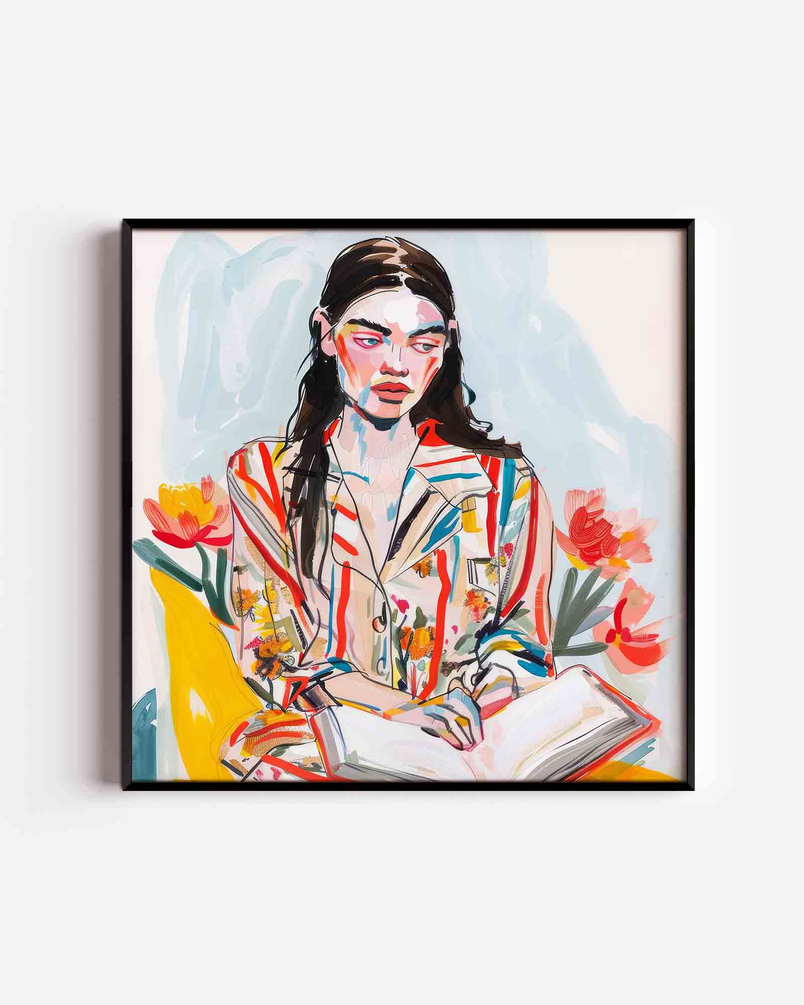 Vrouw met bloemen en boek Poster
