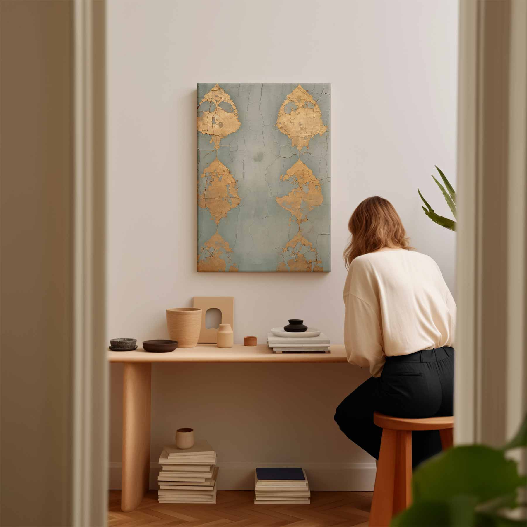 Gouden Glim op Verweer Lijnenspel Kunstwerk-canvas-dibond-plexiglas-wanddecoratie-WallArtistic
