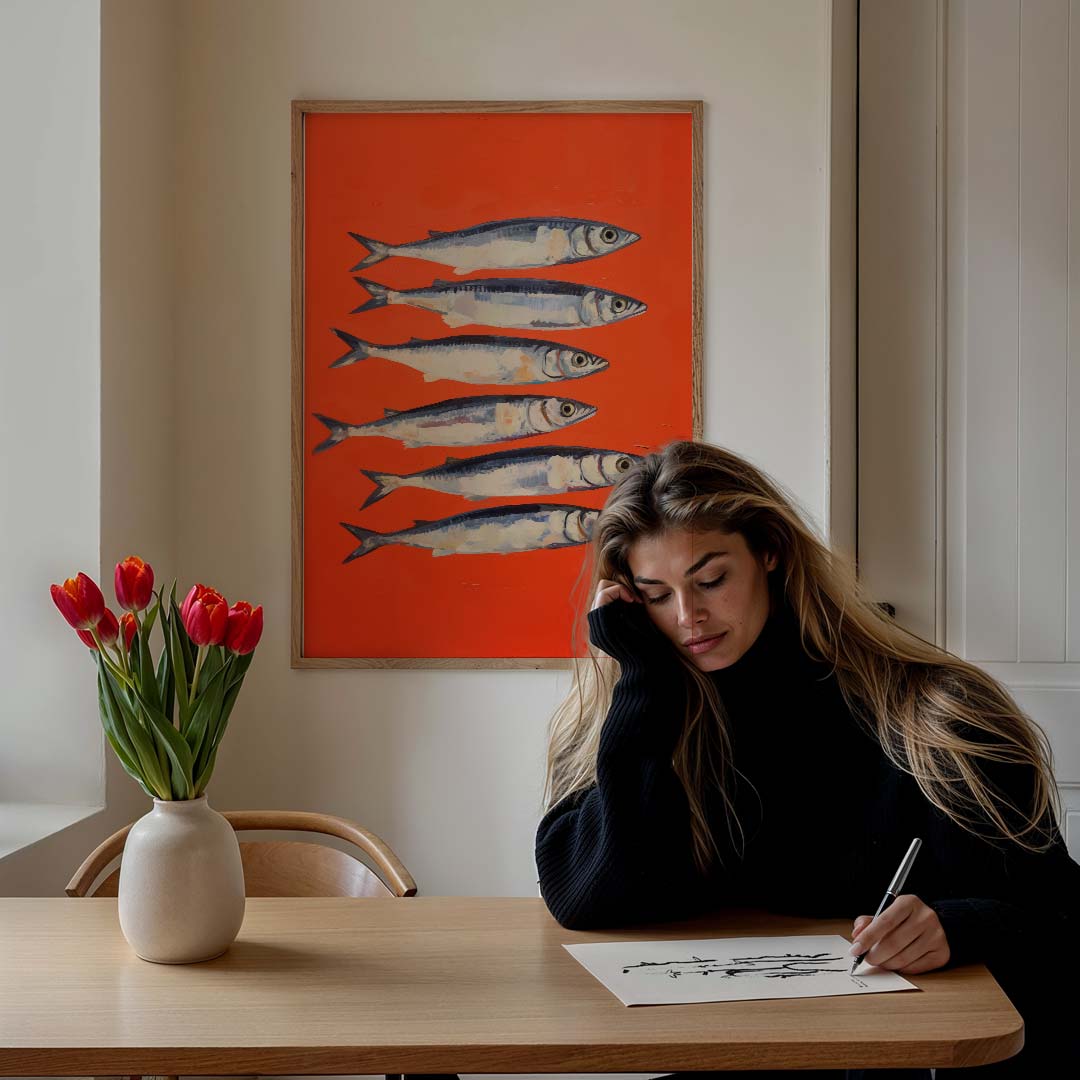 Speelse Sardientjes in Vrolijk Oranje Poster-WallArtistic