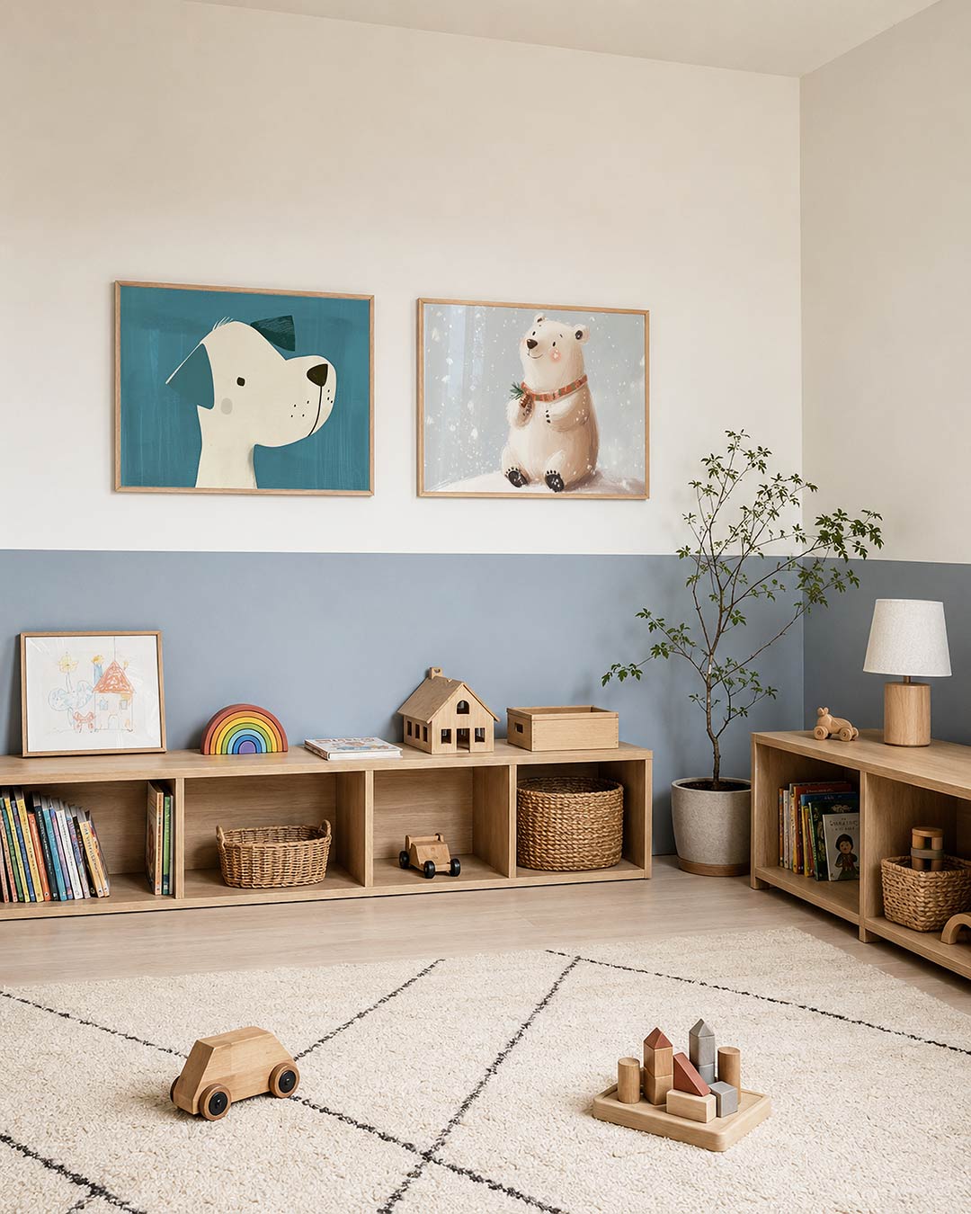 Twee liggende posters met een speelse compositie met een hond in profiel, aan de muur in een interieur