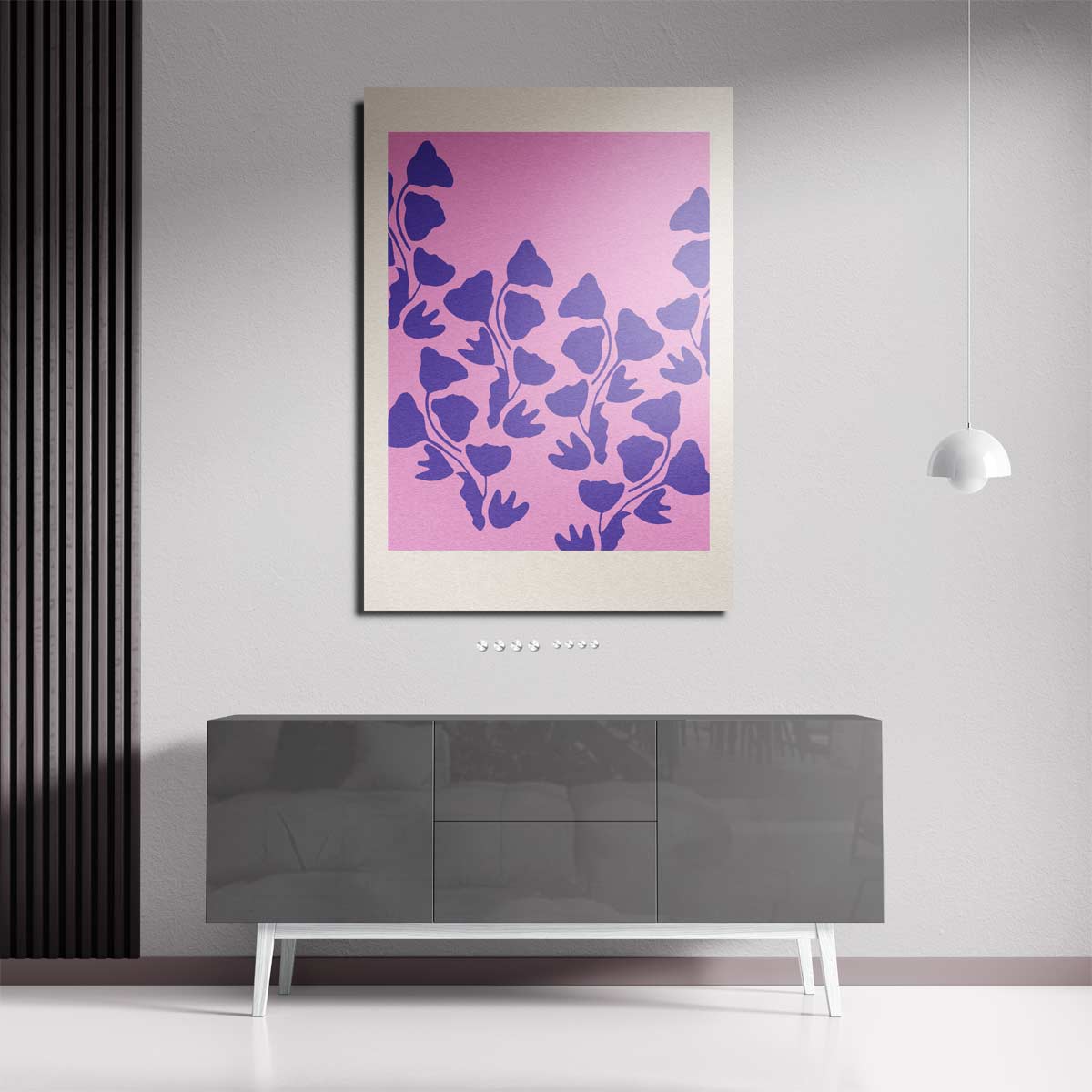 Vrolijke Paarse Bloemen op Roze Kunstwerk-canvas-dibond-plexiglas-wanddecoratie-WallArtistic