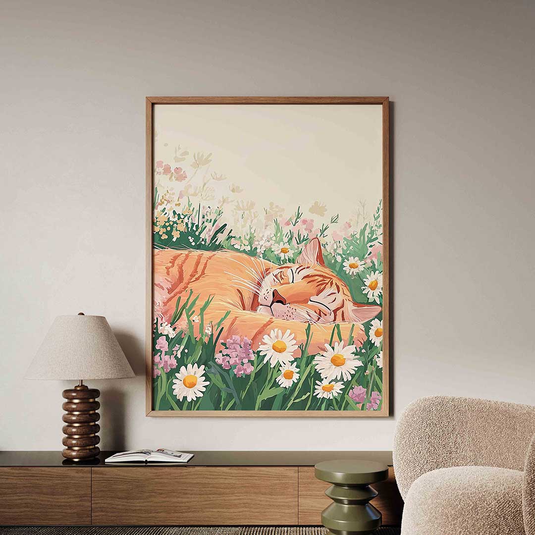 Slapende kat in bloemen Poster