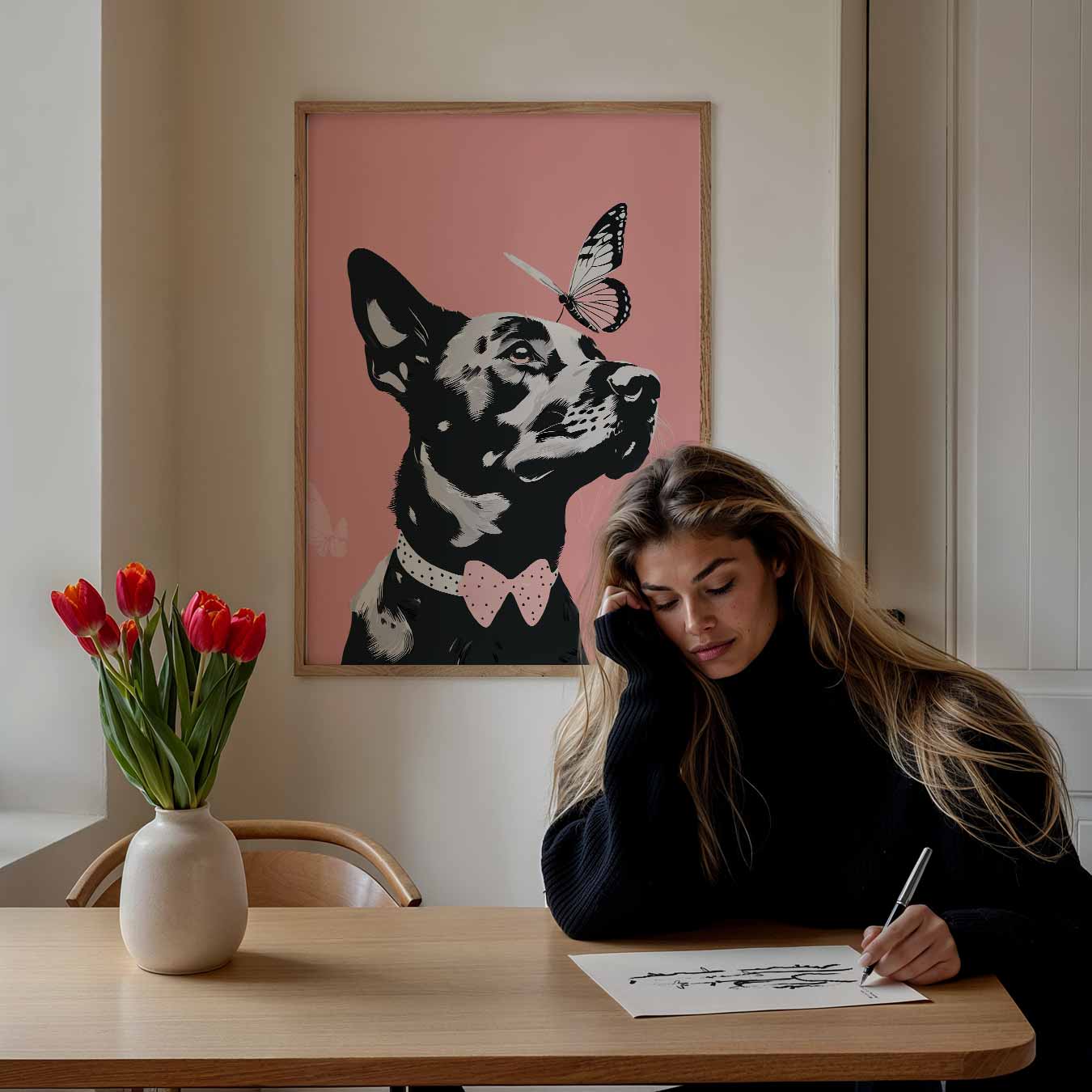 Elegante Hond met Vlinder Poster-WallArtistic