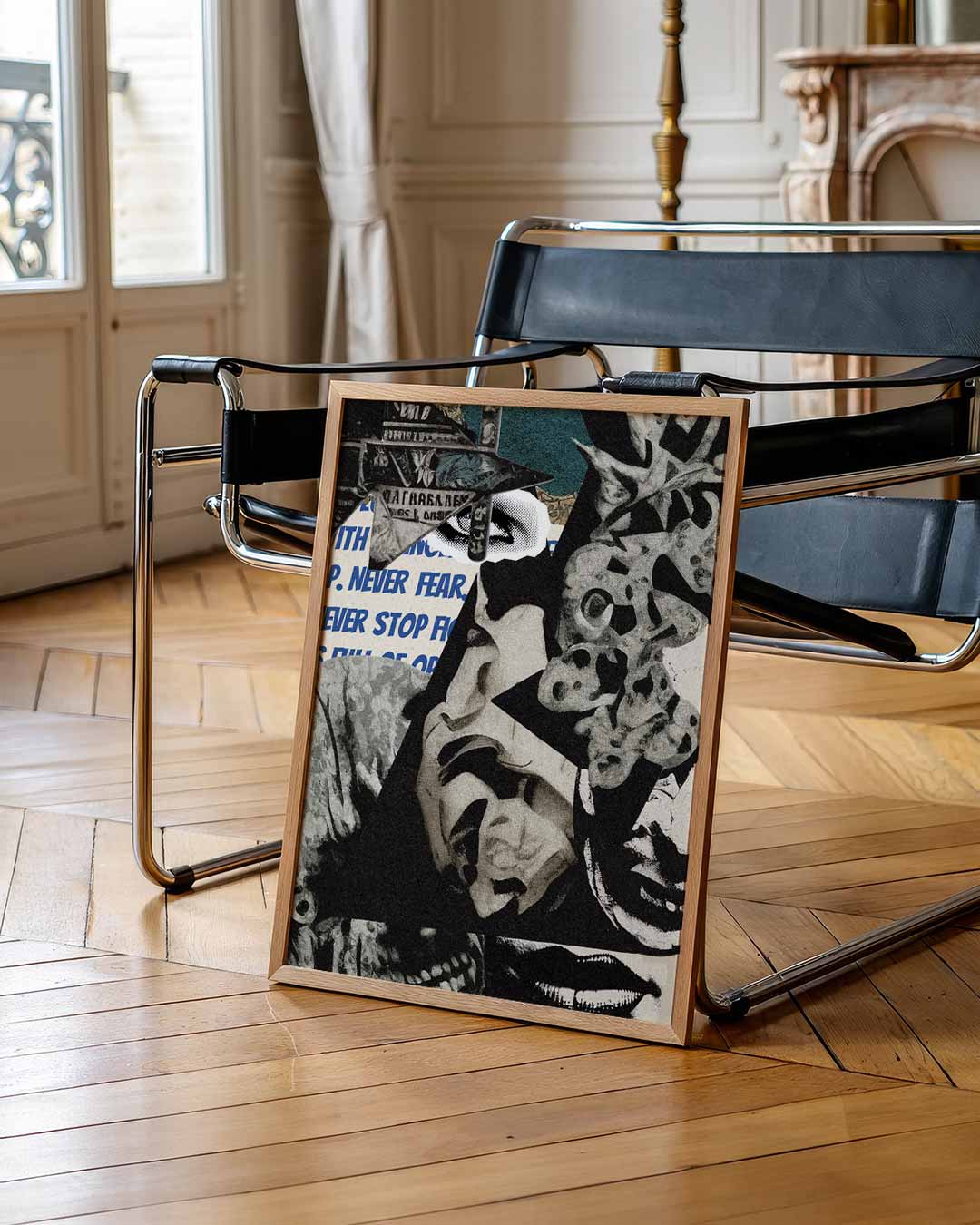 Collage Oog Maskers en Tekstfragmenten Poster-WallArtistic