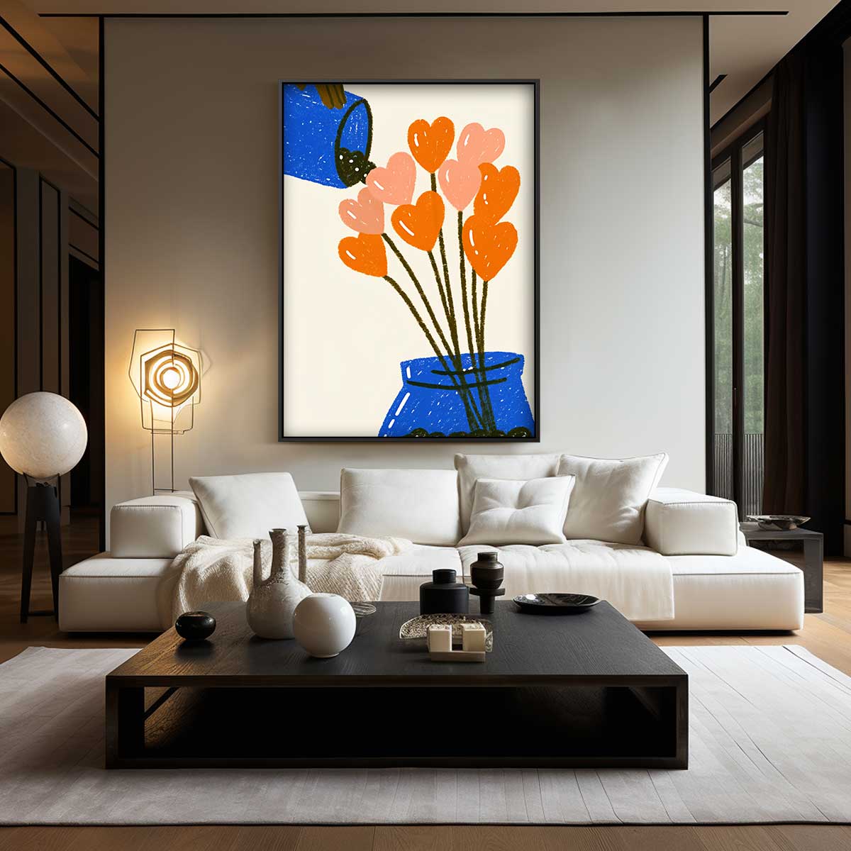 Bloemenhartjes in Blauwe Vaas Kunstwerk-canvas-dibond-plexiglas-wanddecoratie-WallArtistic